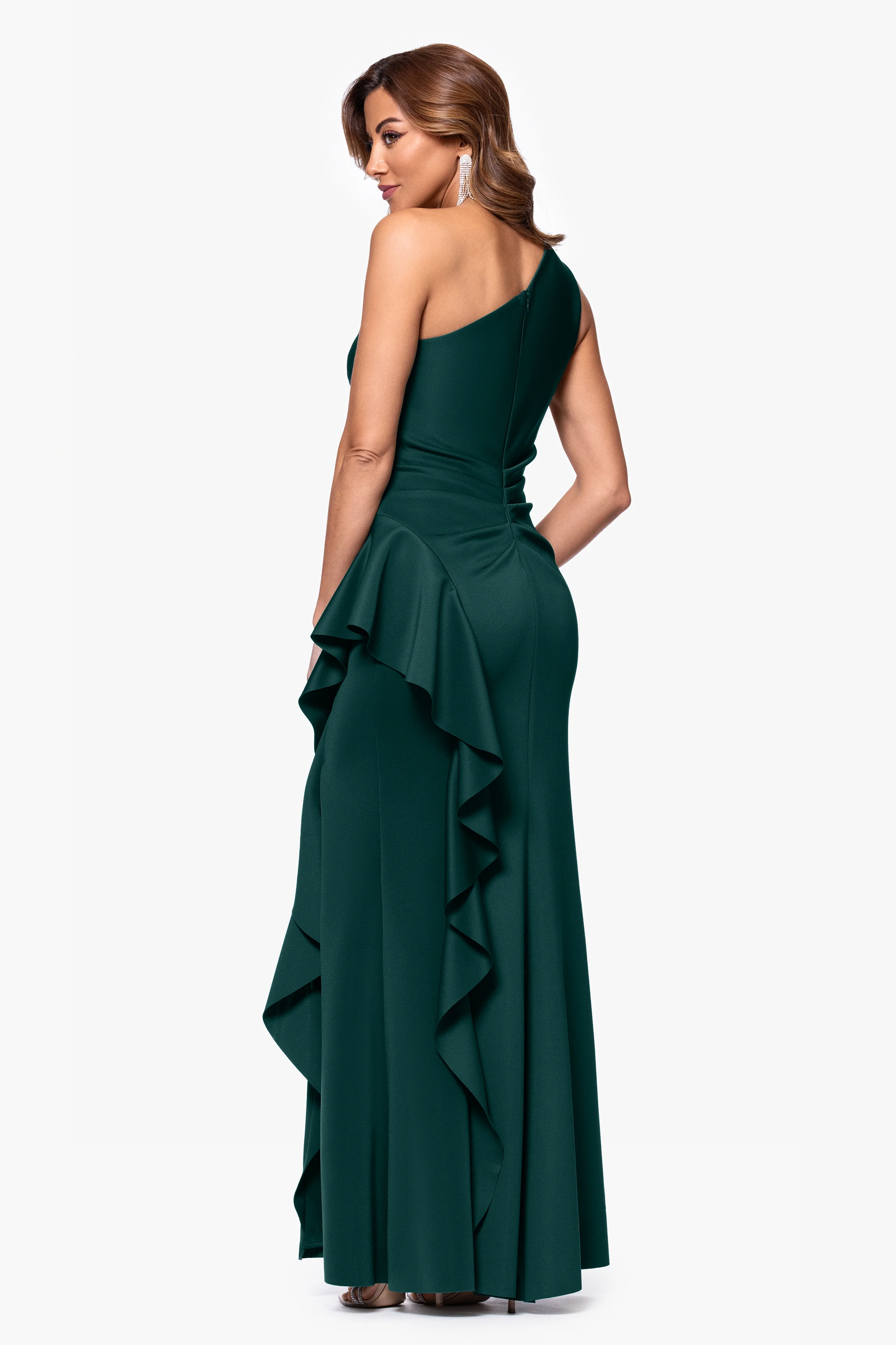 Petite "Flo" Long Techno Scuba One Shoulder Ruffle Dress - Image 45