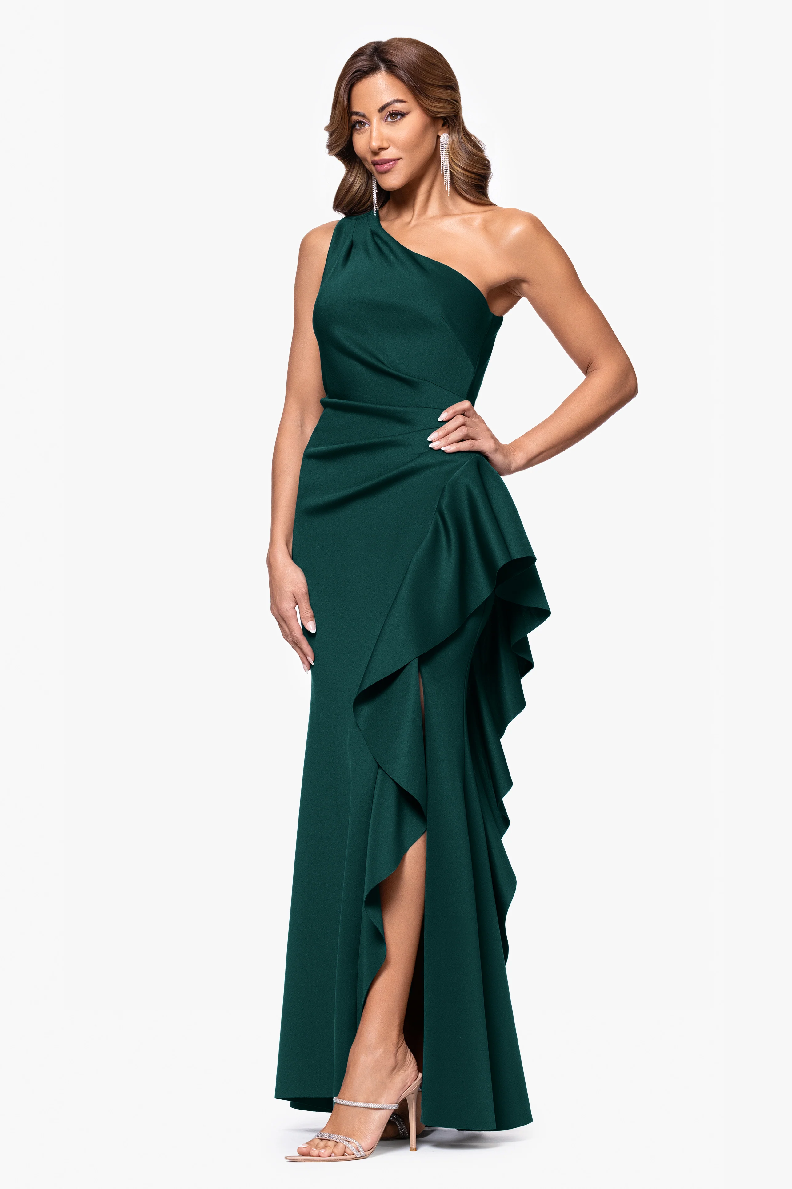 Petite "Flo" Long Techno Scuba One Shoulder Ruffle Dress - Image 46