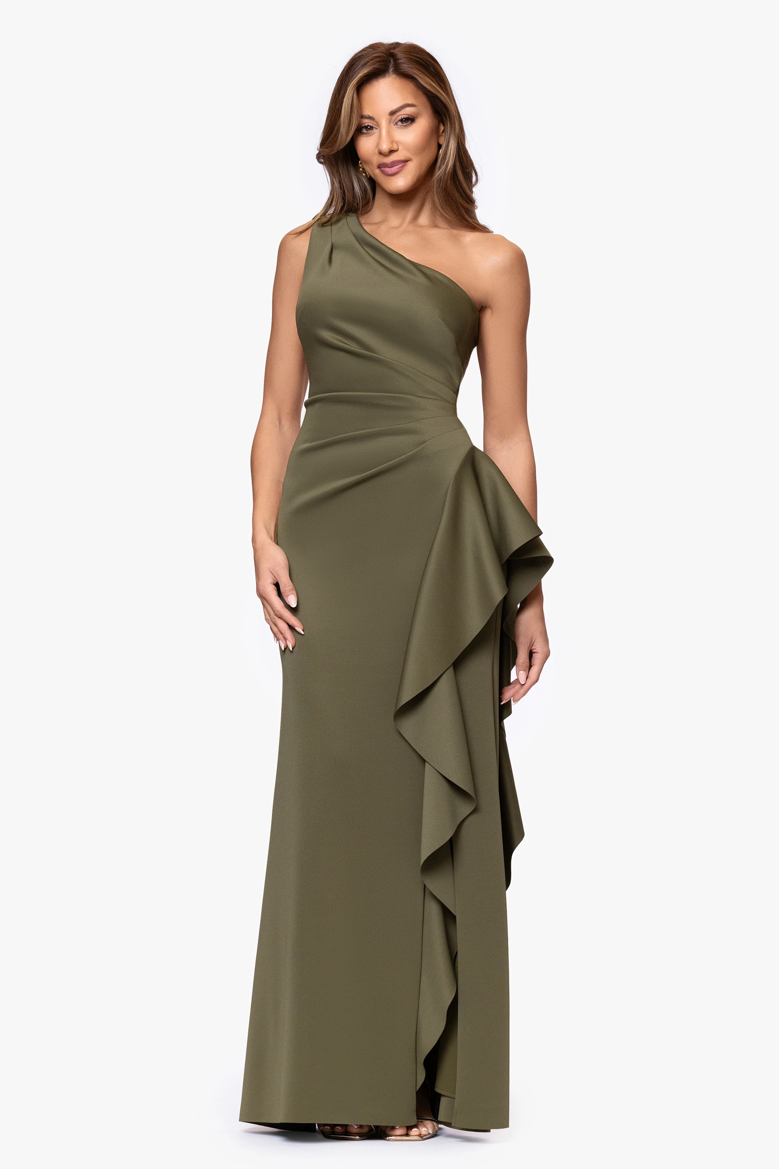 Petite "Flo" Long Techno Scuba One Shoulder Ruffle Dress - Image 54