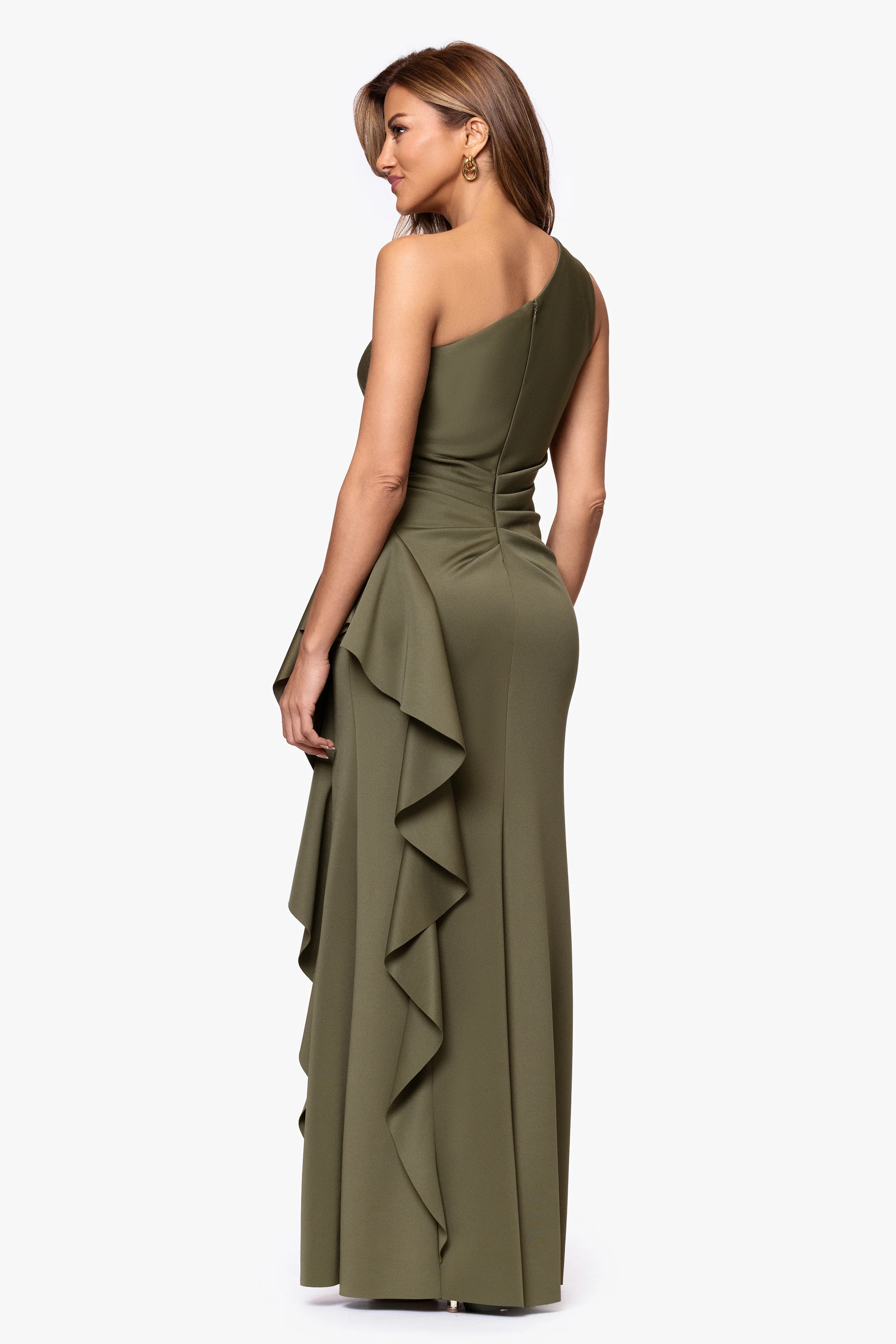 Petite "Flo" Long Techno Scuba One Shoulder Ruffle Dress - Image 56