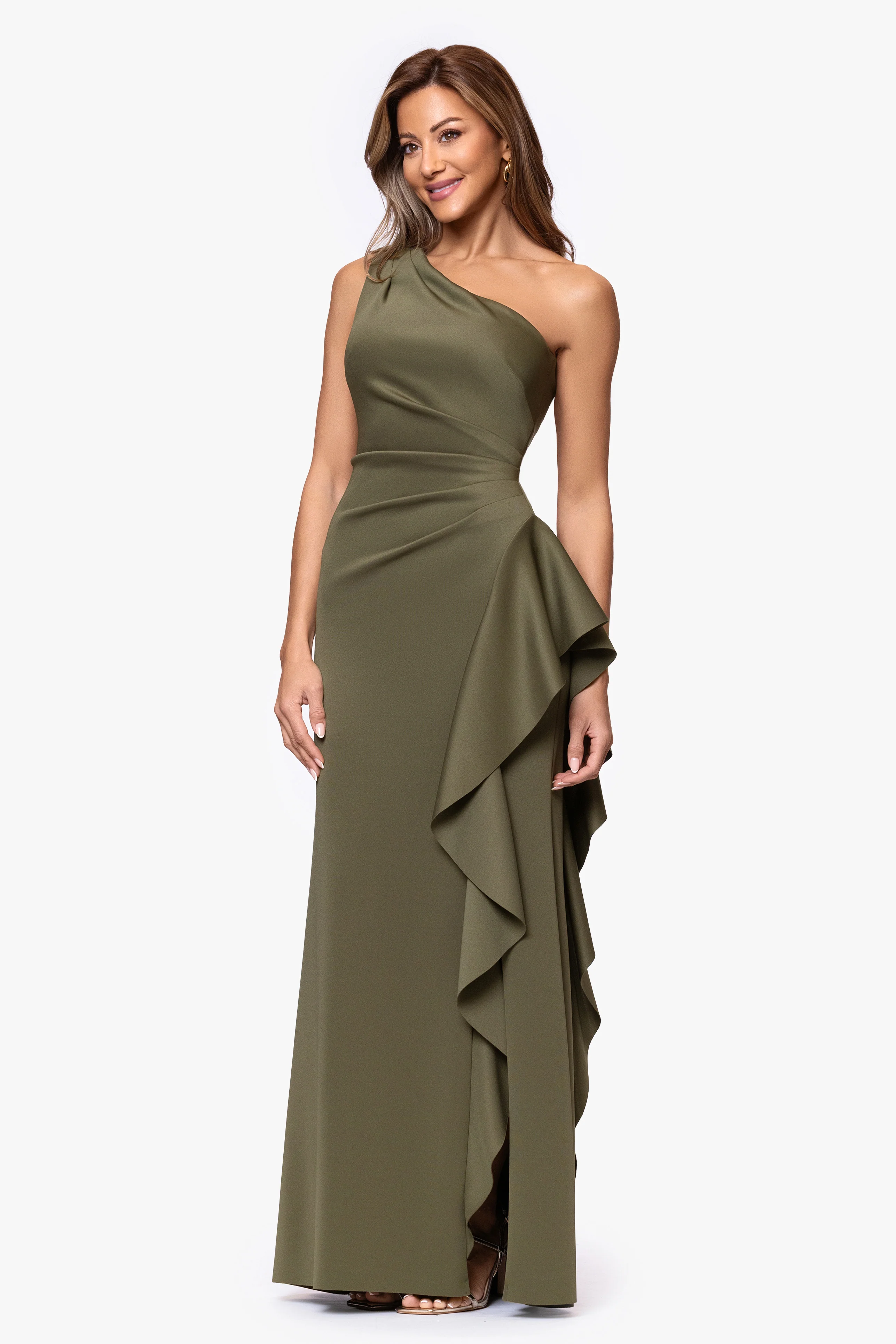 Petite "Flo" Long Techno Scuba One Shoulder Ruffle Dress - Image 57