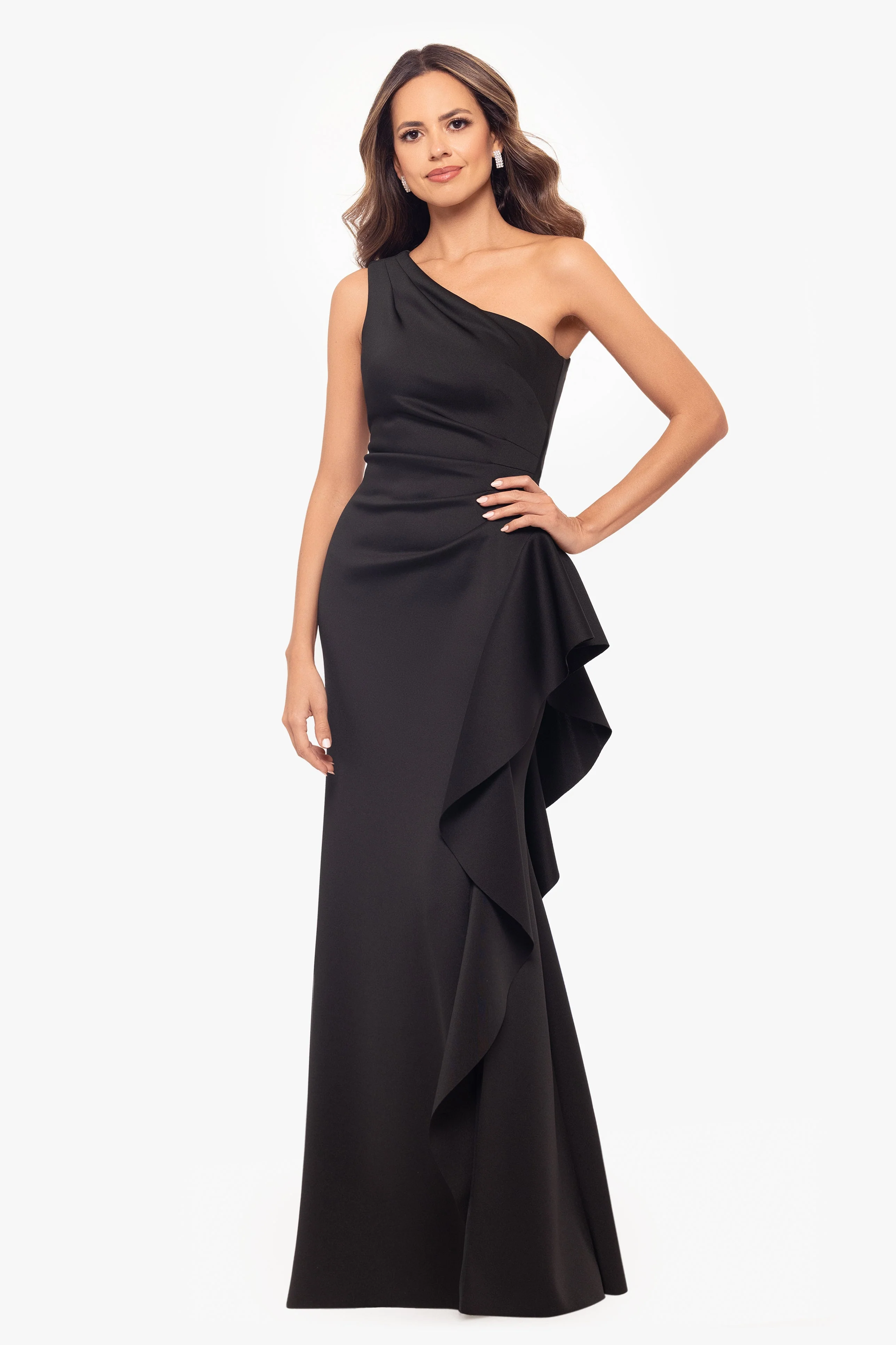Petite "Flo" Long Techno Scuba One Shoulder Ruffle Dress - Image 20