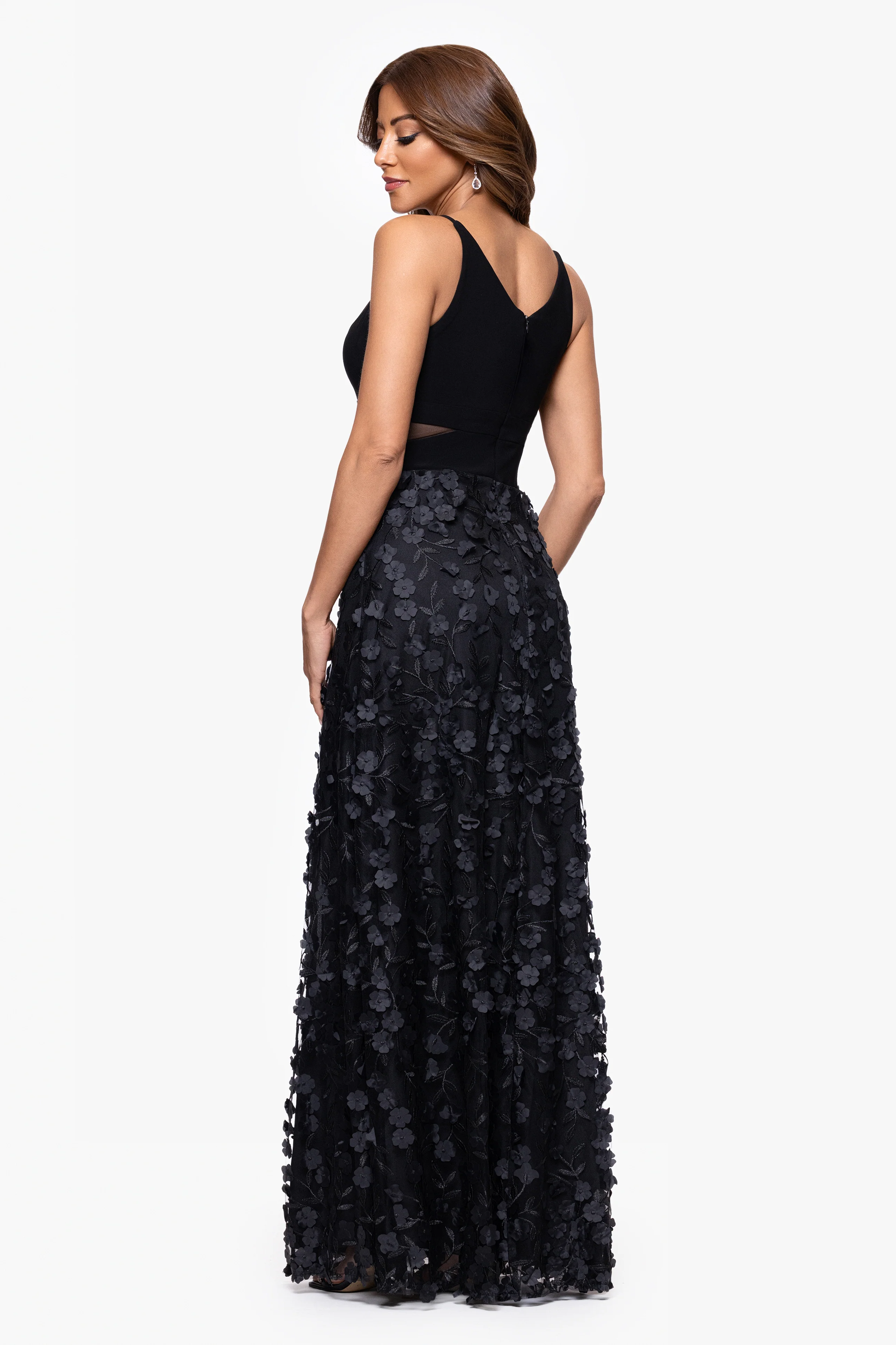 Petite "Iris" Jersey Knit V-Neck Raised Flower Long Dress - Image 3