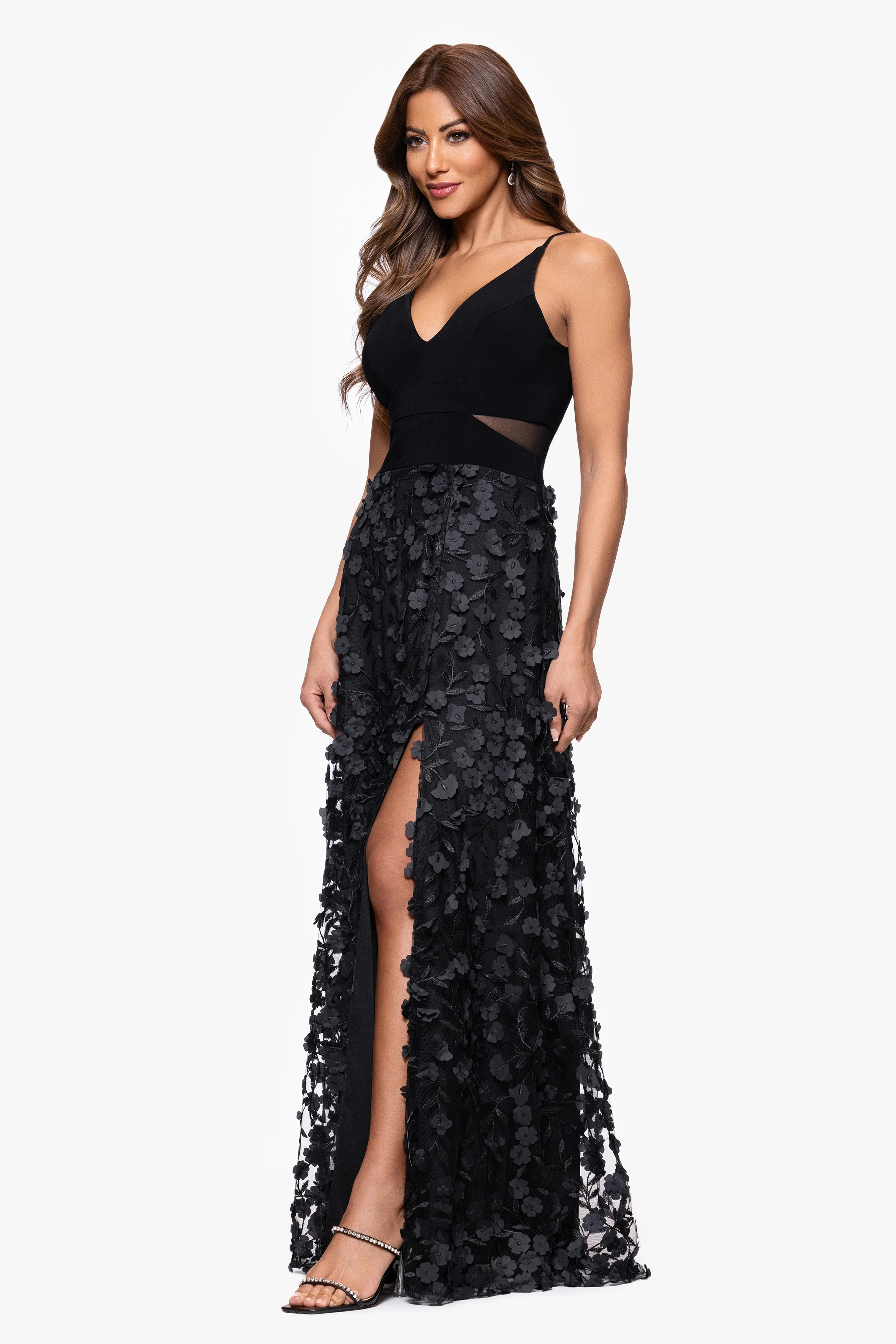 Petite "Iris" Jersey Knit V-Neck Raised Flower Long Dress - Image 4