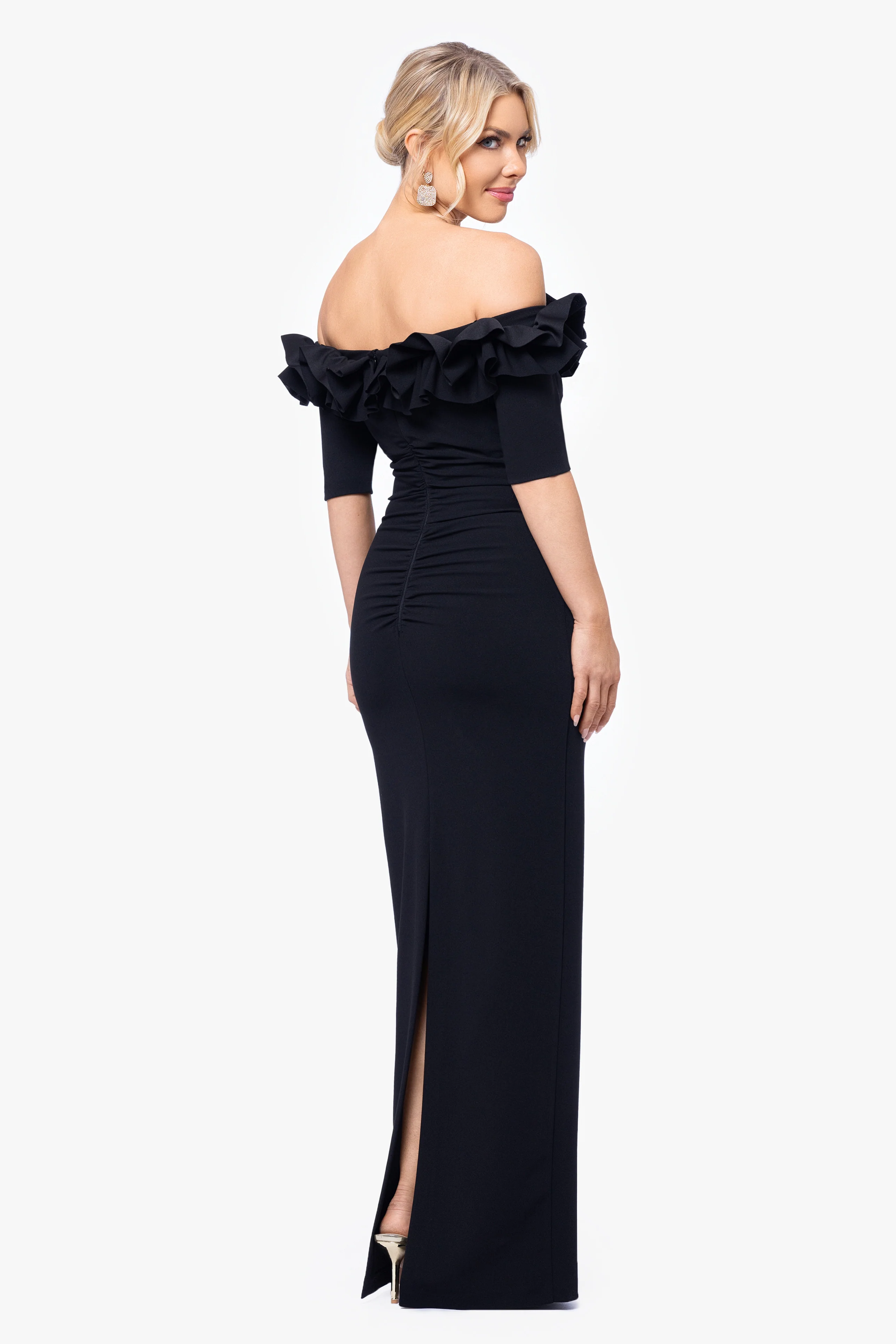 Petite "Isla" Long Scuba Crepe Off the Shoulder Ruffle Top Dress - Image 3