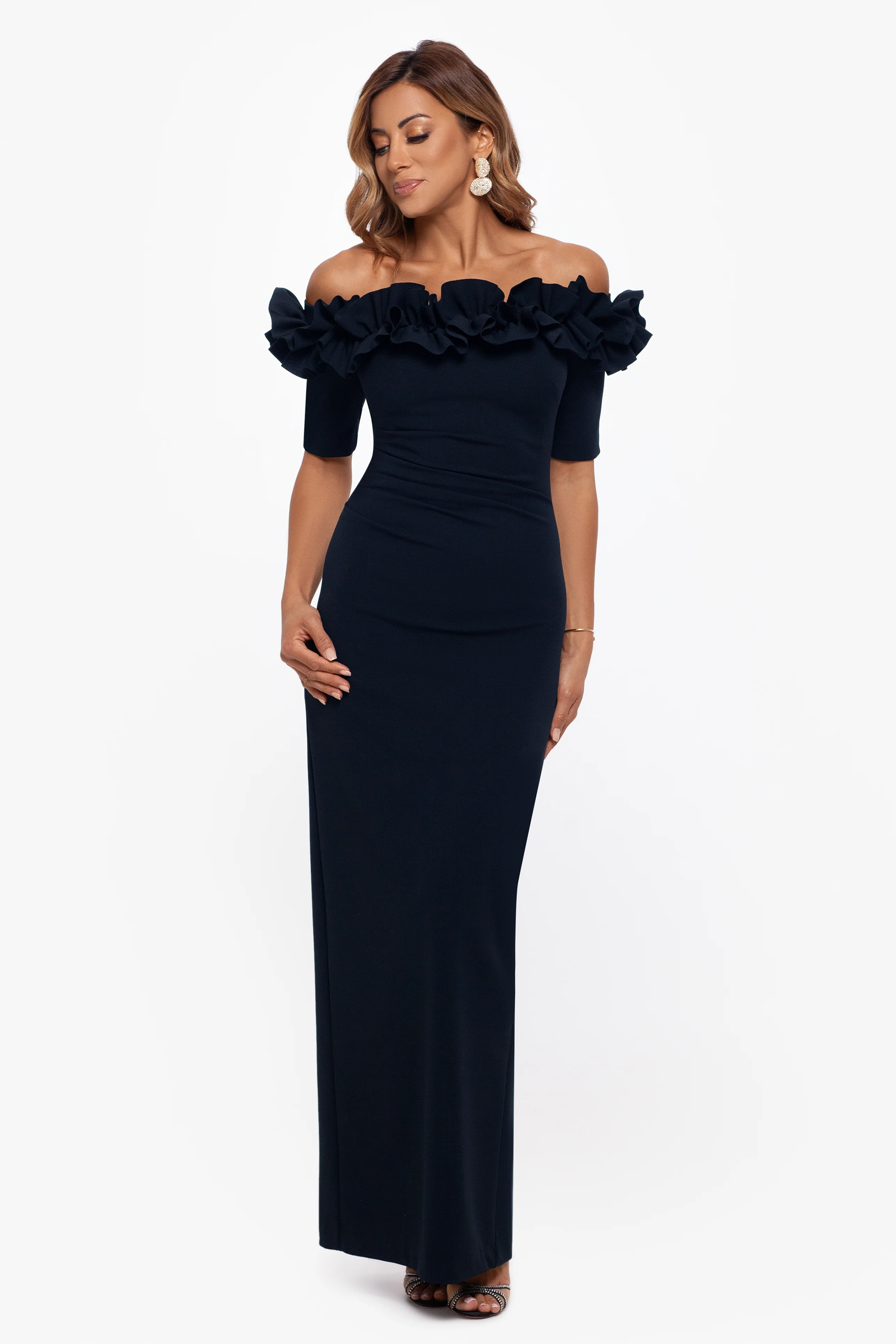 Petite "Isla" Long Scuba Crepe Off the Shoulder Ruffle Top Dress - Image 5