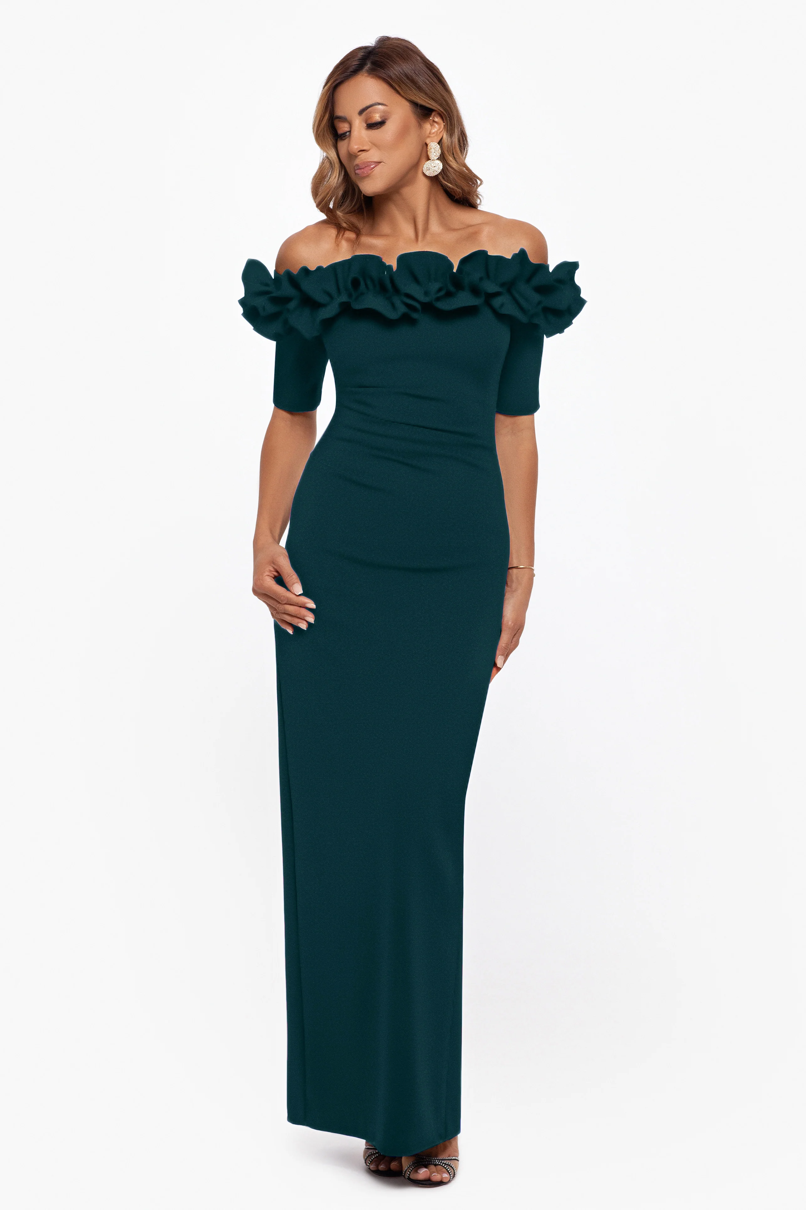 Petite "Isla" Long Scuba Crepe Off the Shoulder Ruffle Top Dress - Image 7