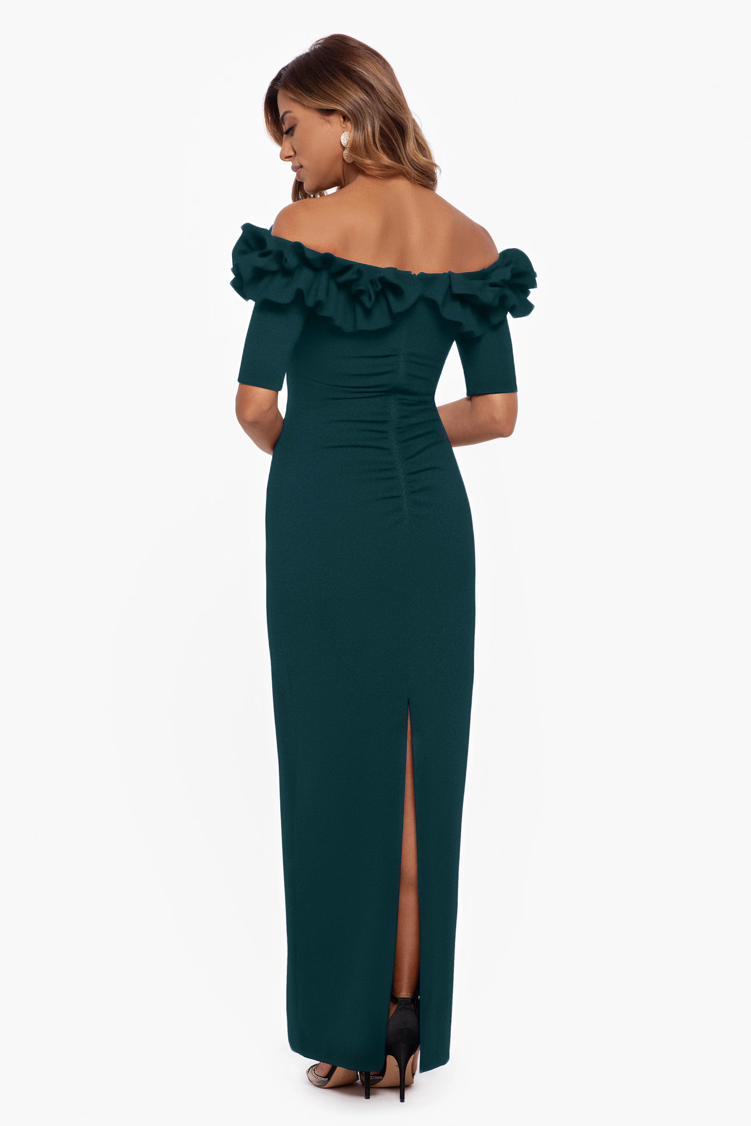 Petite "Isla" Long Scuba Crepe Off the Shoulder Ruffle Top Dress - Image 8