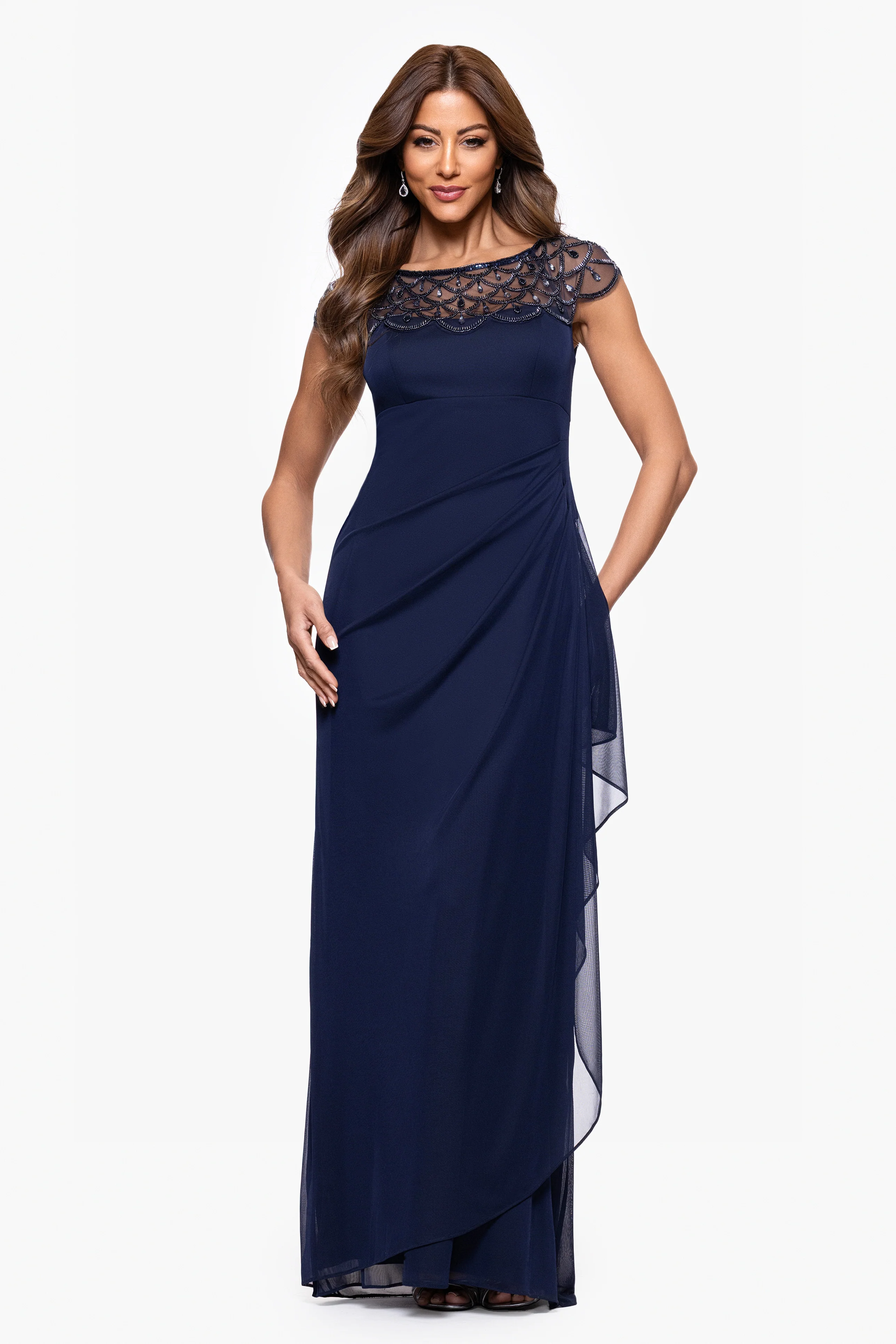 Petite "Khloe" Sheer Matter Jersey Embellished Ruffle Dress