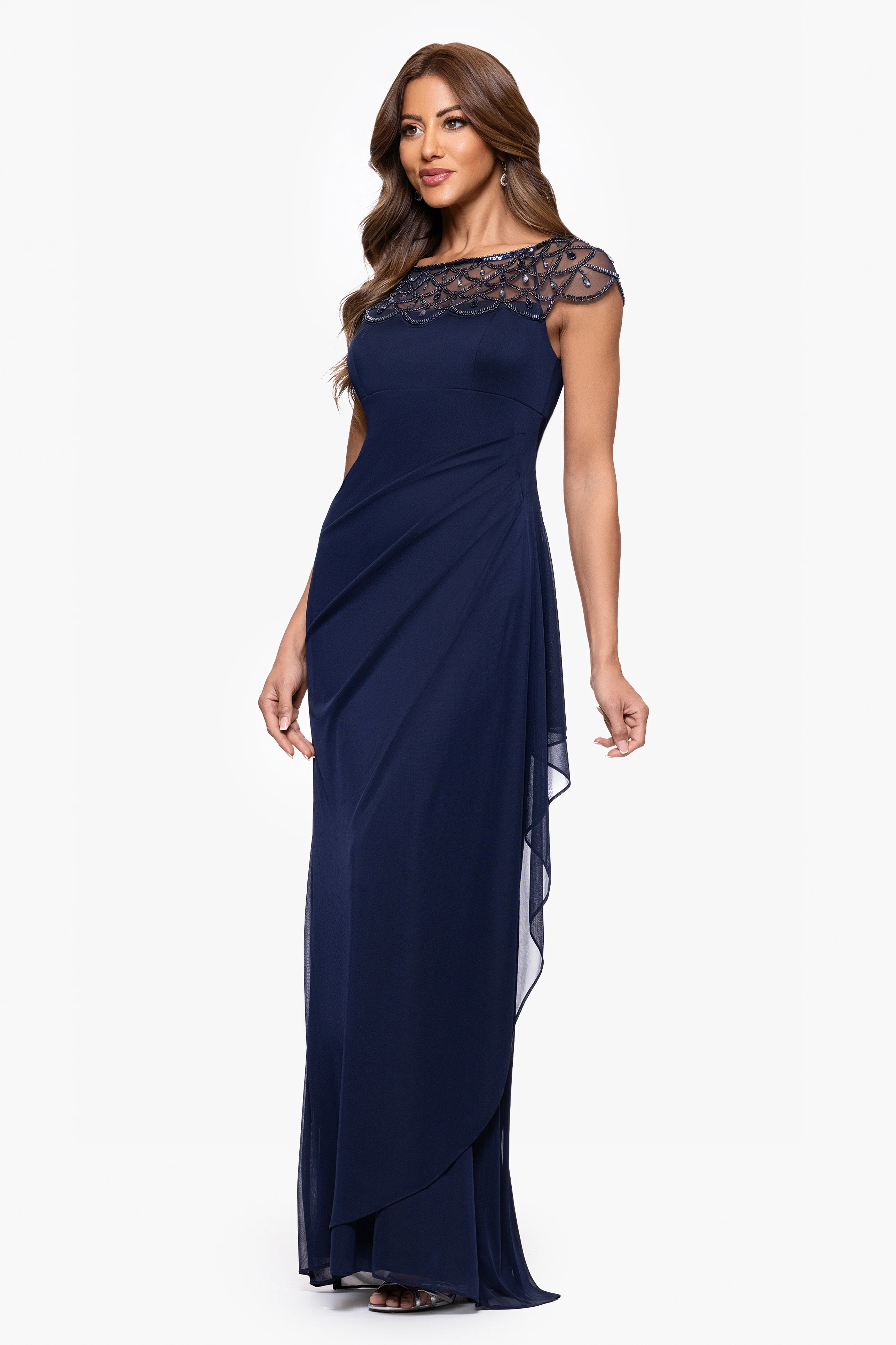 Petite "Khloe" Sheer Matter Jersey Embellished Ruffle Dress - Image 4