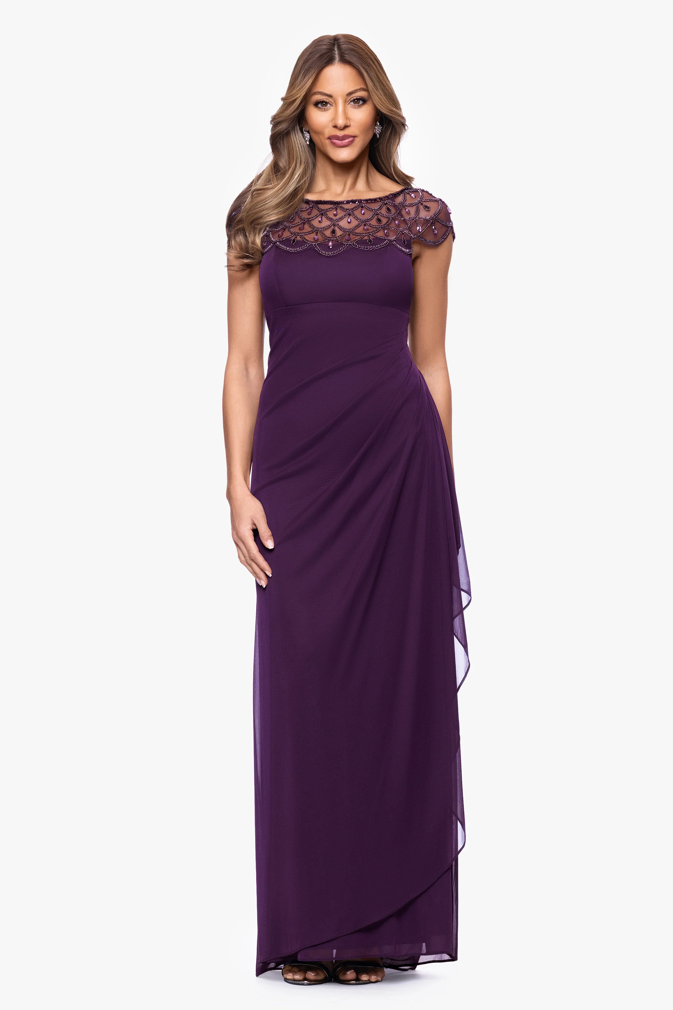 Petite "Khloe" Sheer Matter Jersey Embellished Ruffle Dress - Image 6