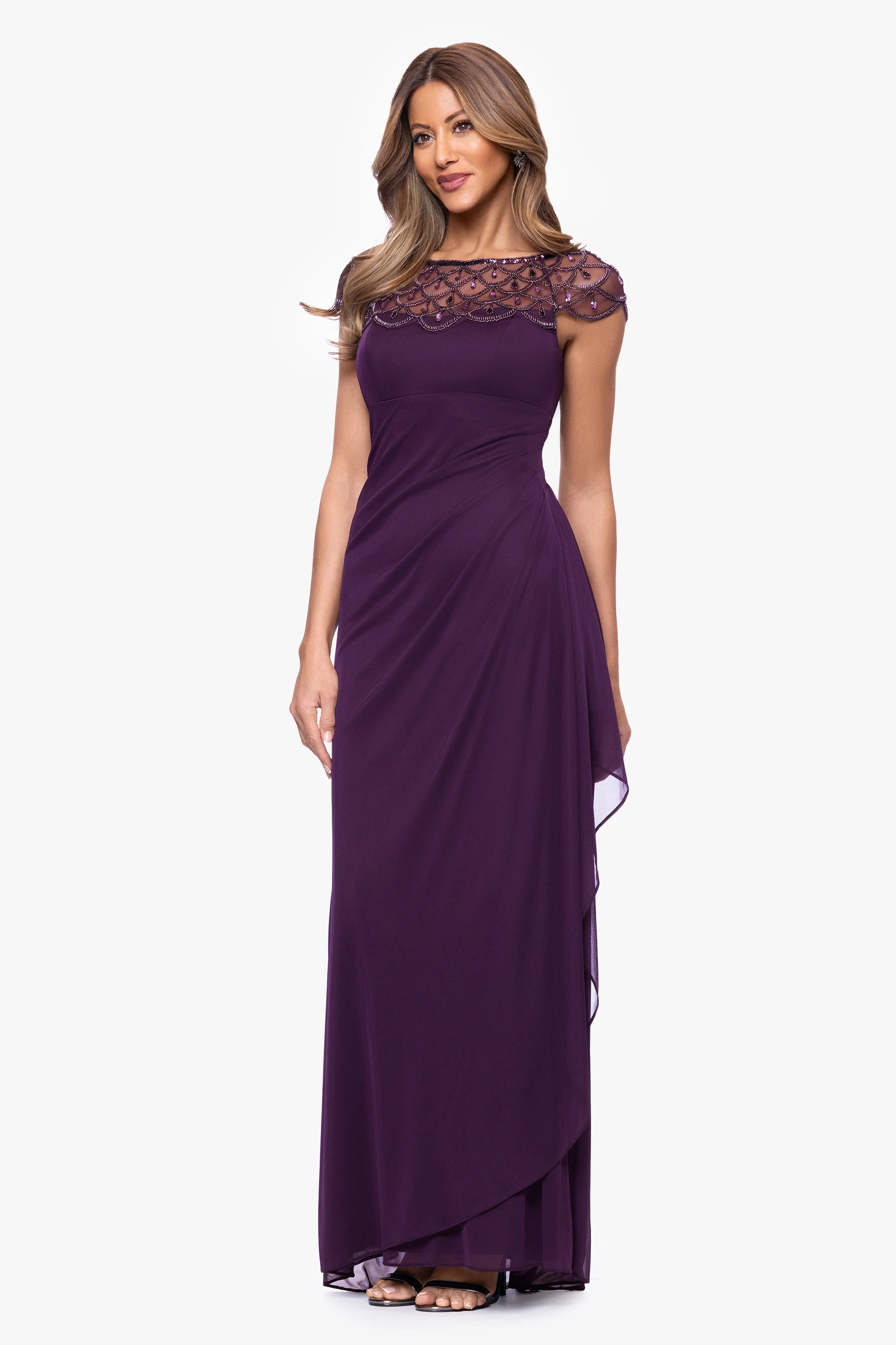 Petite "Khloe" Sheer Matter Jersey Embellished Ruffle Dress - Image 9