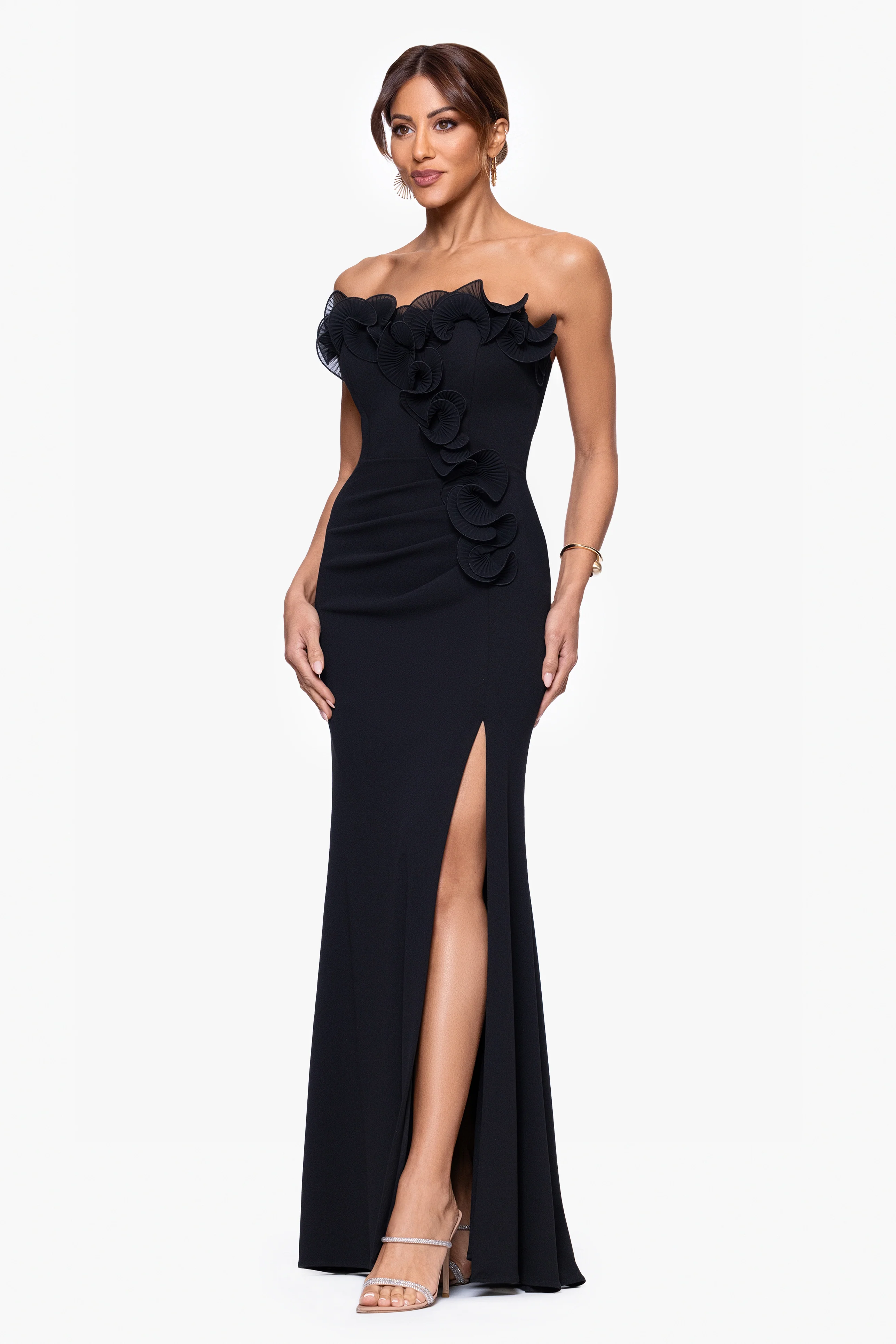 "Kimberly" Scuba Crepe Chiffon Ruffle Strapless Floor Length Dress - Image 5