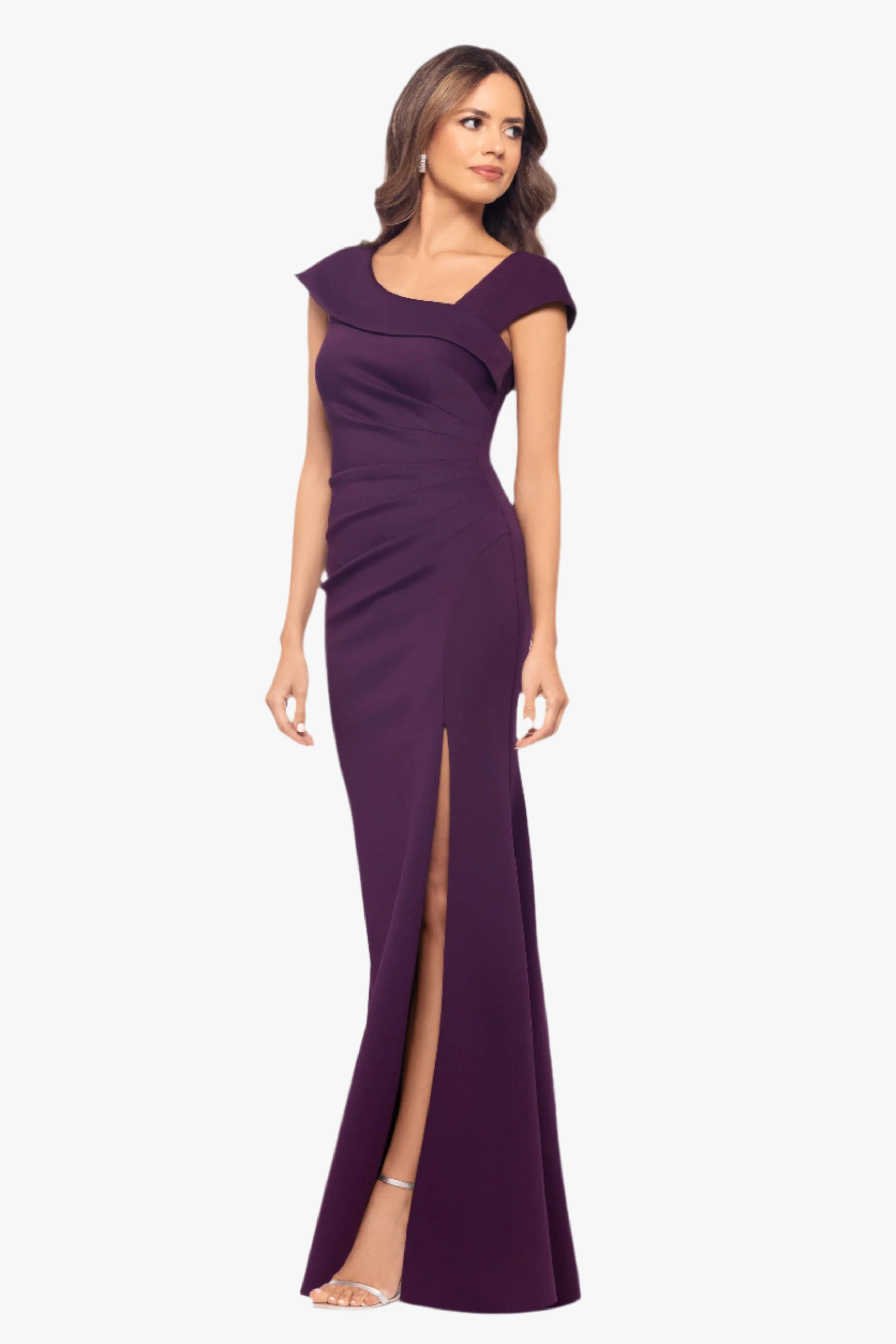 Petite "Lenore " Long Asymmetrical Neckline Techno Scuba Dress - Image 20