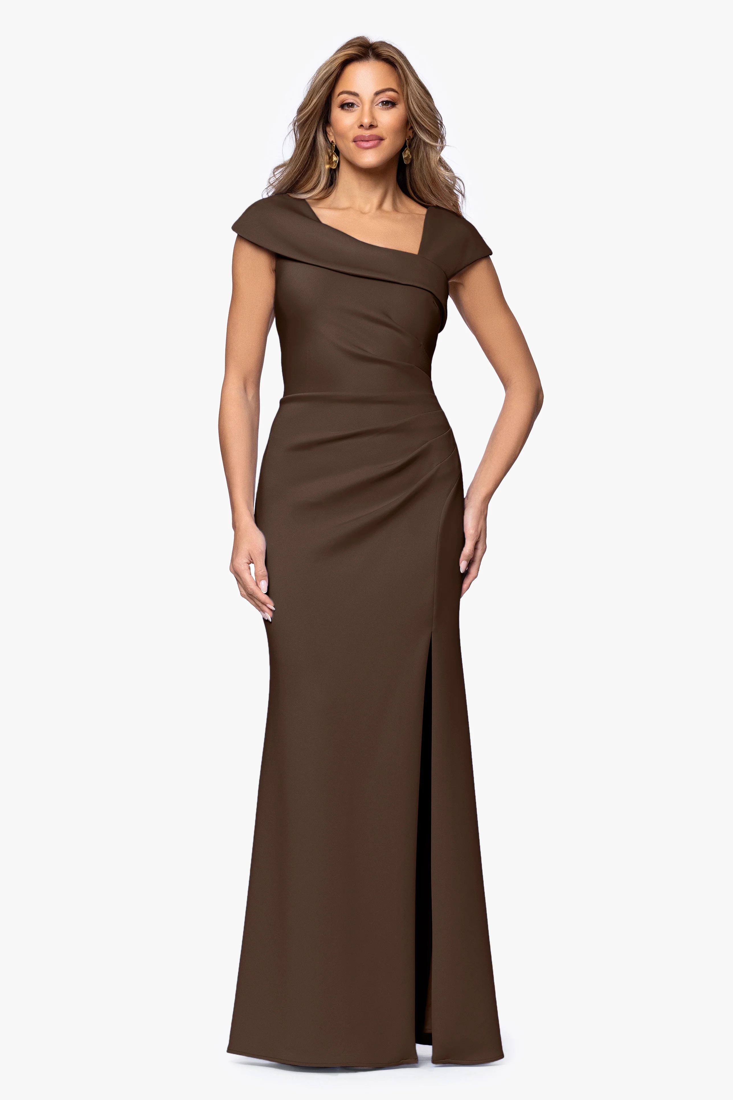 Petite "Lenore " Long Asymmetrical Neckline Techno Scuba Dress - Image 27