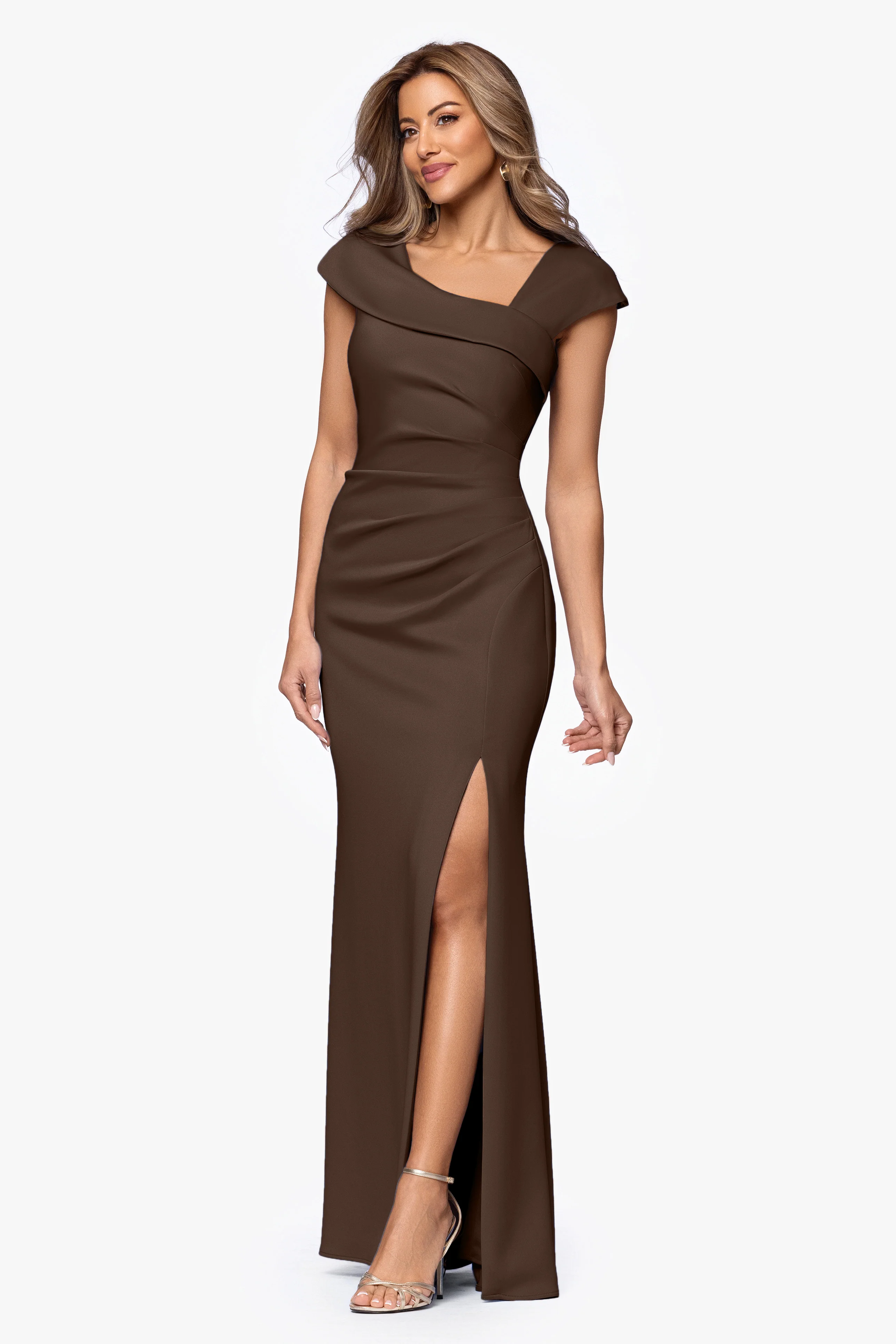 Petite "Lenore " Long Asymmetrical Neckline Techno Scuba Dress - Image 30