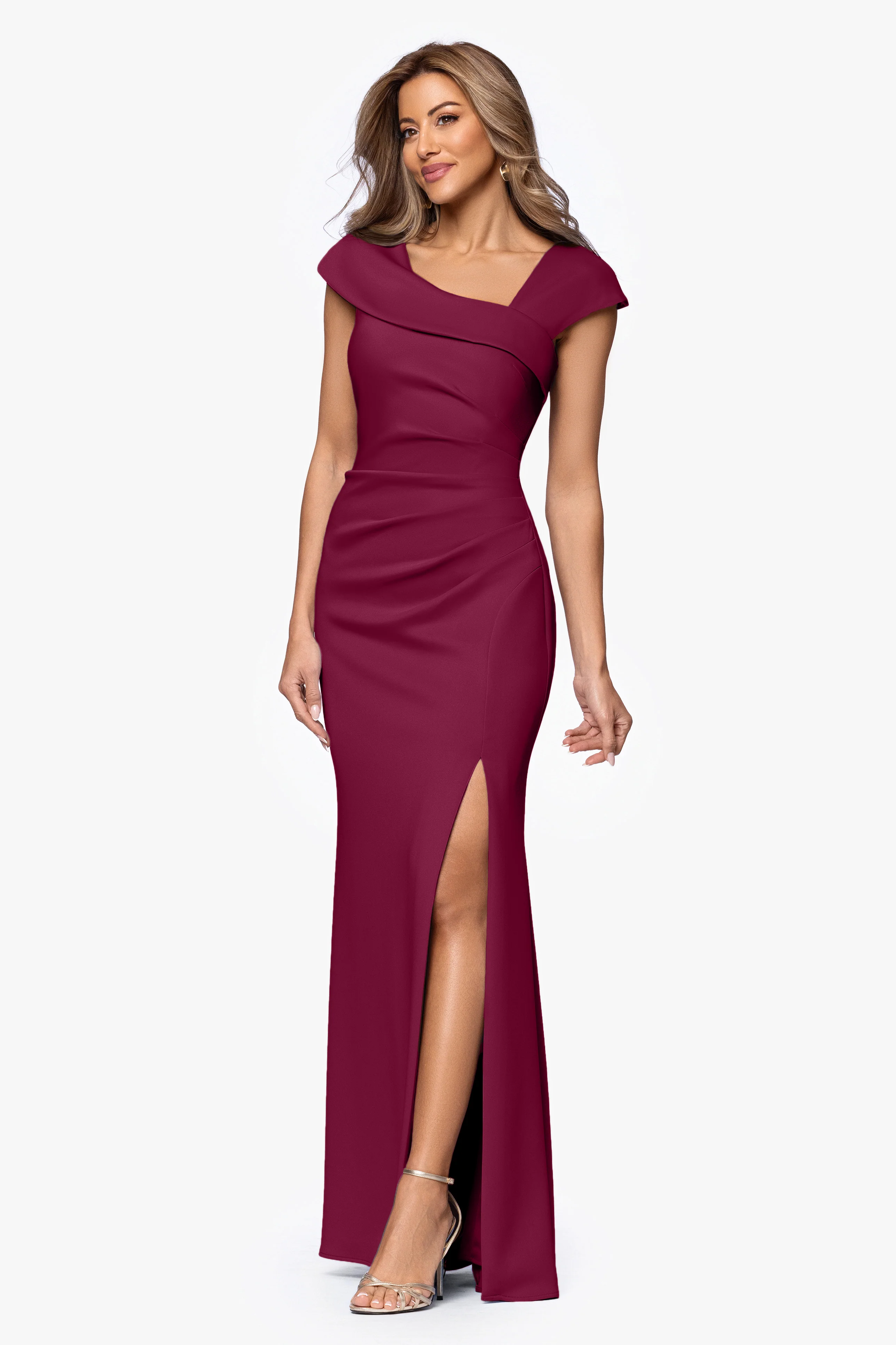 Petite "Lenore " Long Asymmetrical Neckline Techno Scuba Dress - Image 25