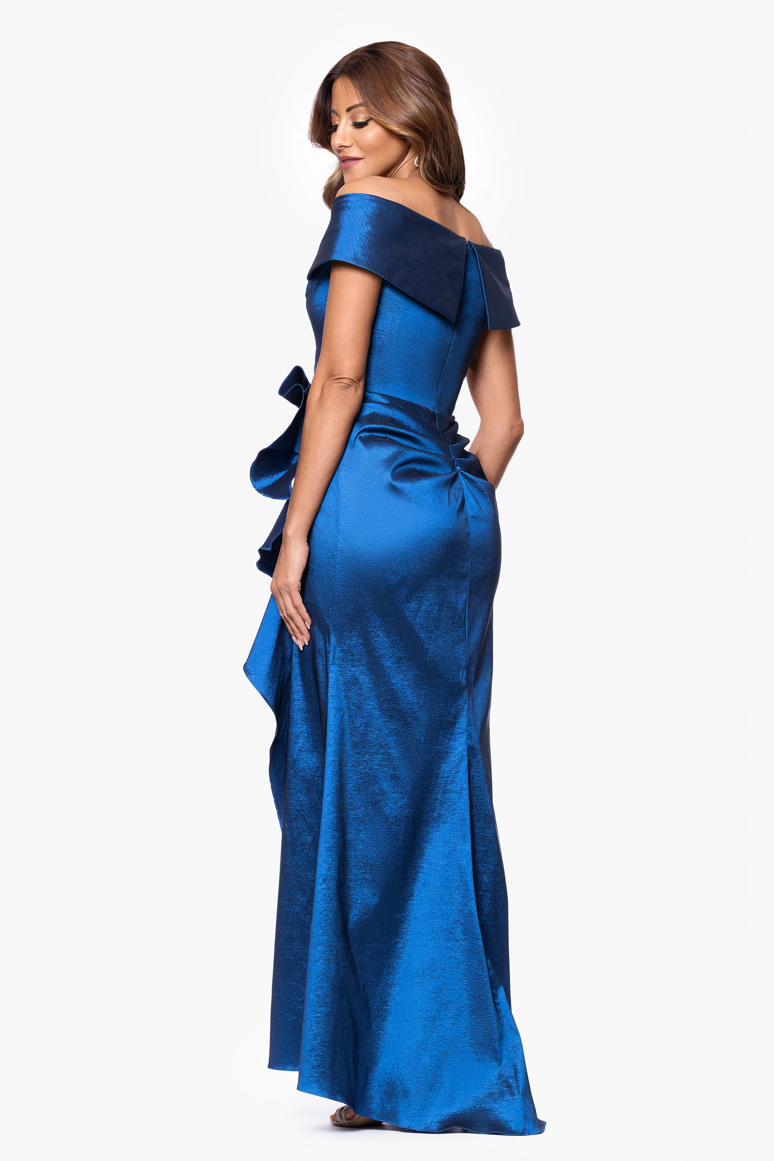 Petite "Olivia" Taffeta Off the Shoulder Sweetheart Neckline Floor Length Dress - Image 3