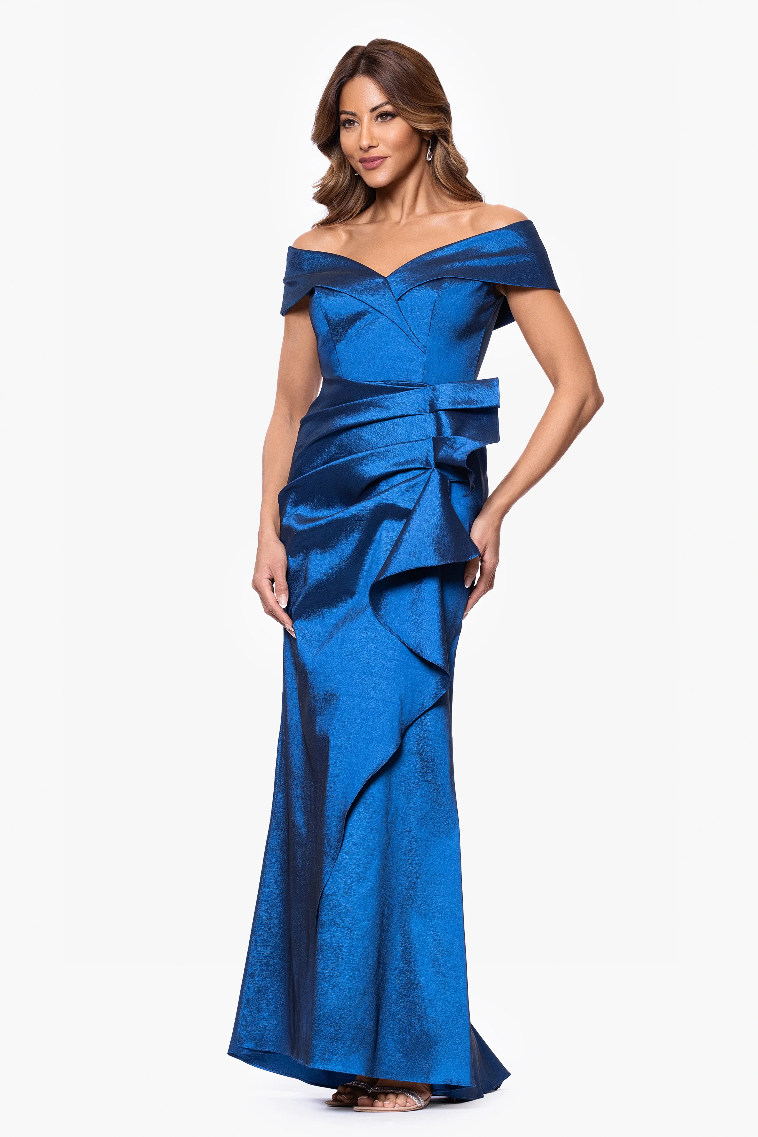 Petite "Olivia" Taffeta Off the Shoulder Sweetheart Neckline Floor Length Dress - Image 4