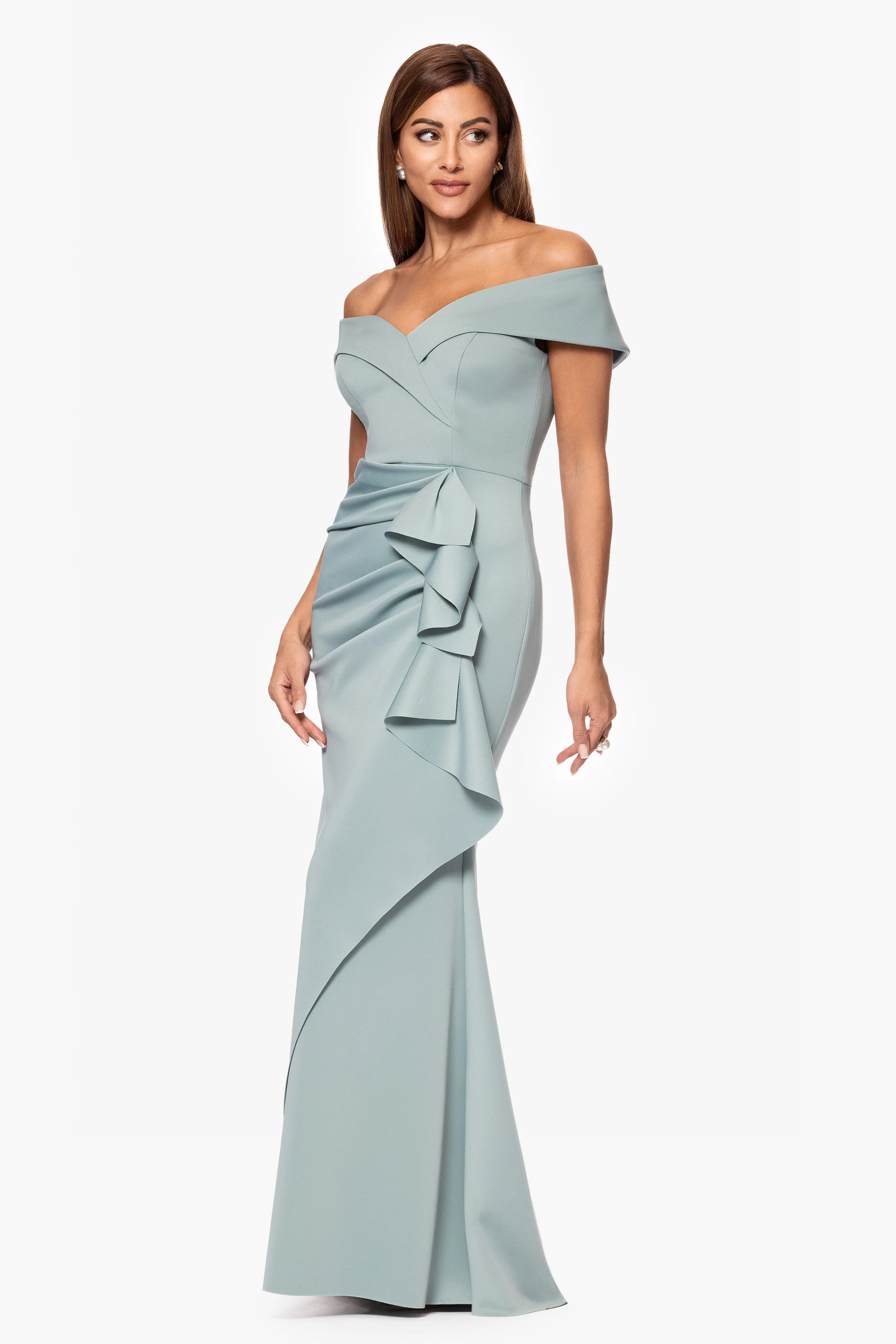 "Patti" Long Off the Shoulder Techno Scuba Dress - Image 22
