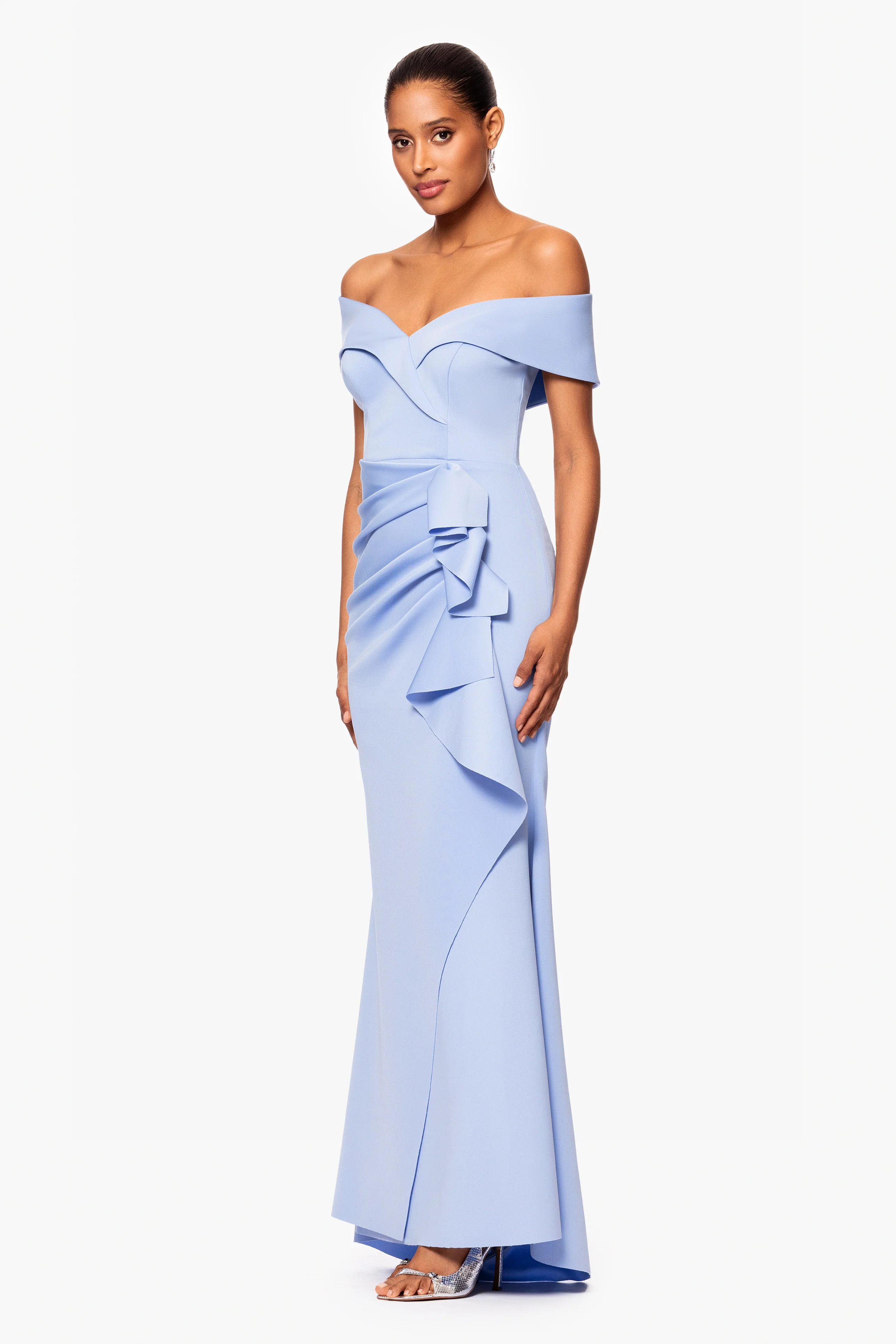 "Patti" Long Off the Shoulder Techno Scuba Dress - Image 34