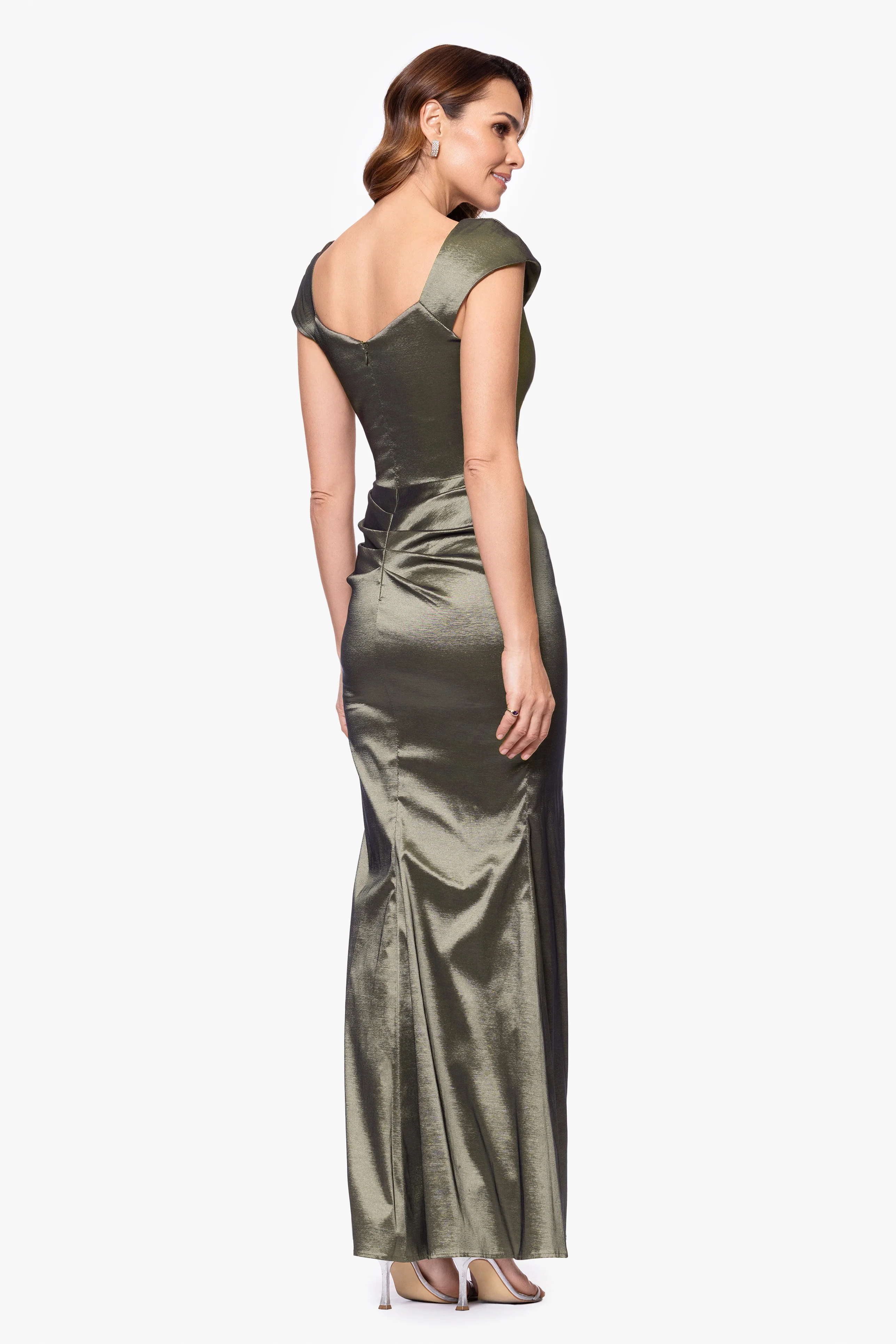 Petite "Paulina" Taffeta Short Sleeve Asymmetric Neckline Floor Length Dress - Image 3