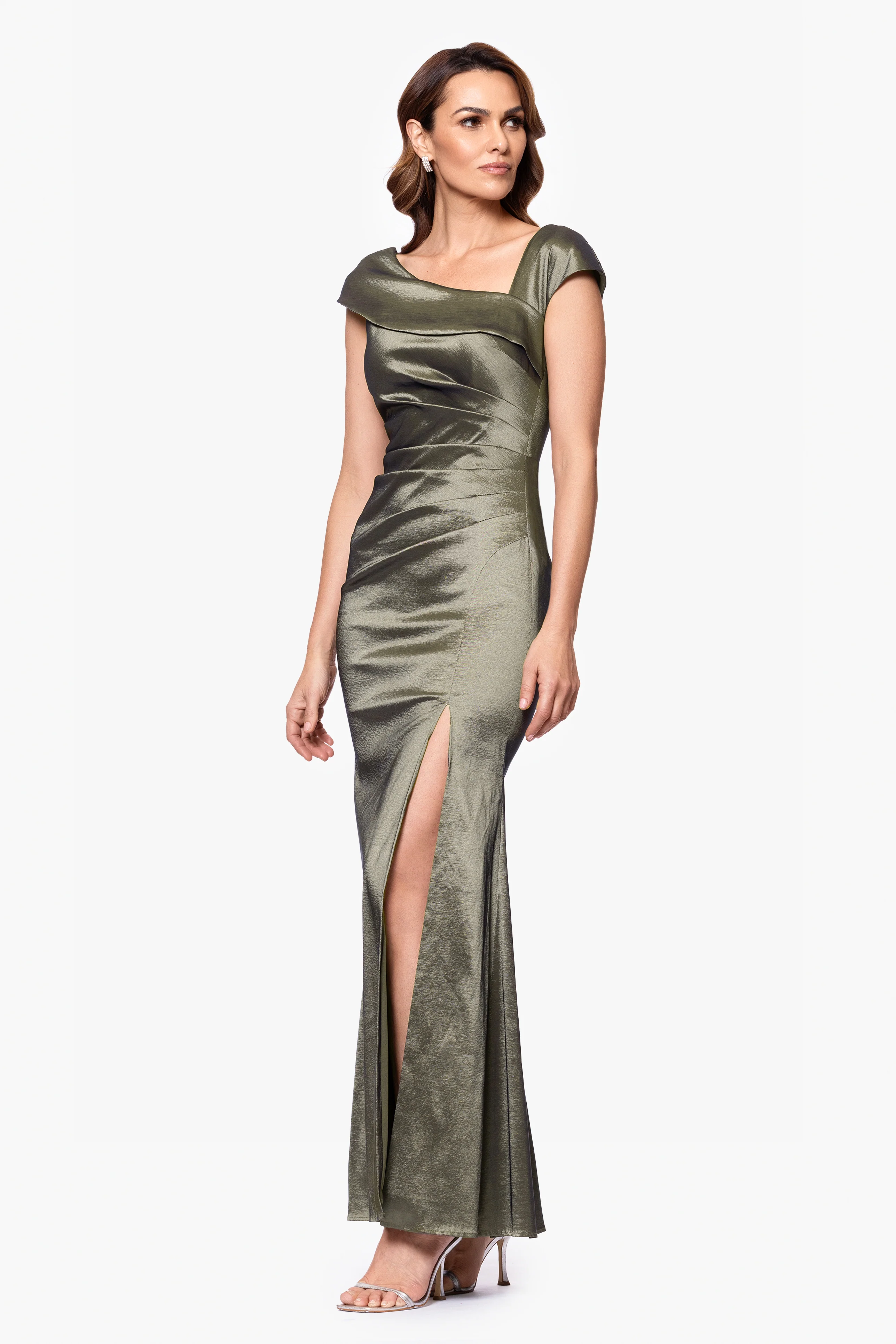 Petite "Paulina" Taffeta Short Sleeve Asymmetric Neckline Floor Length Dress - Image 4