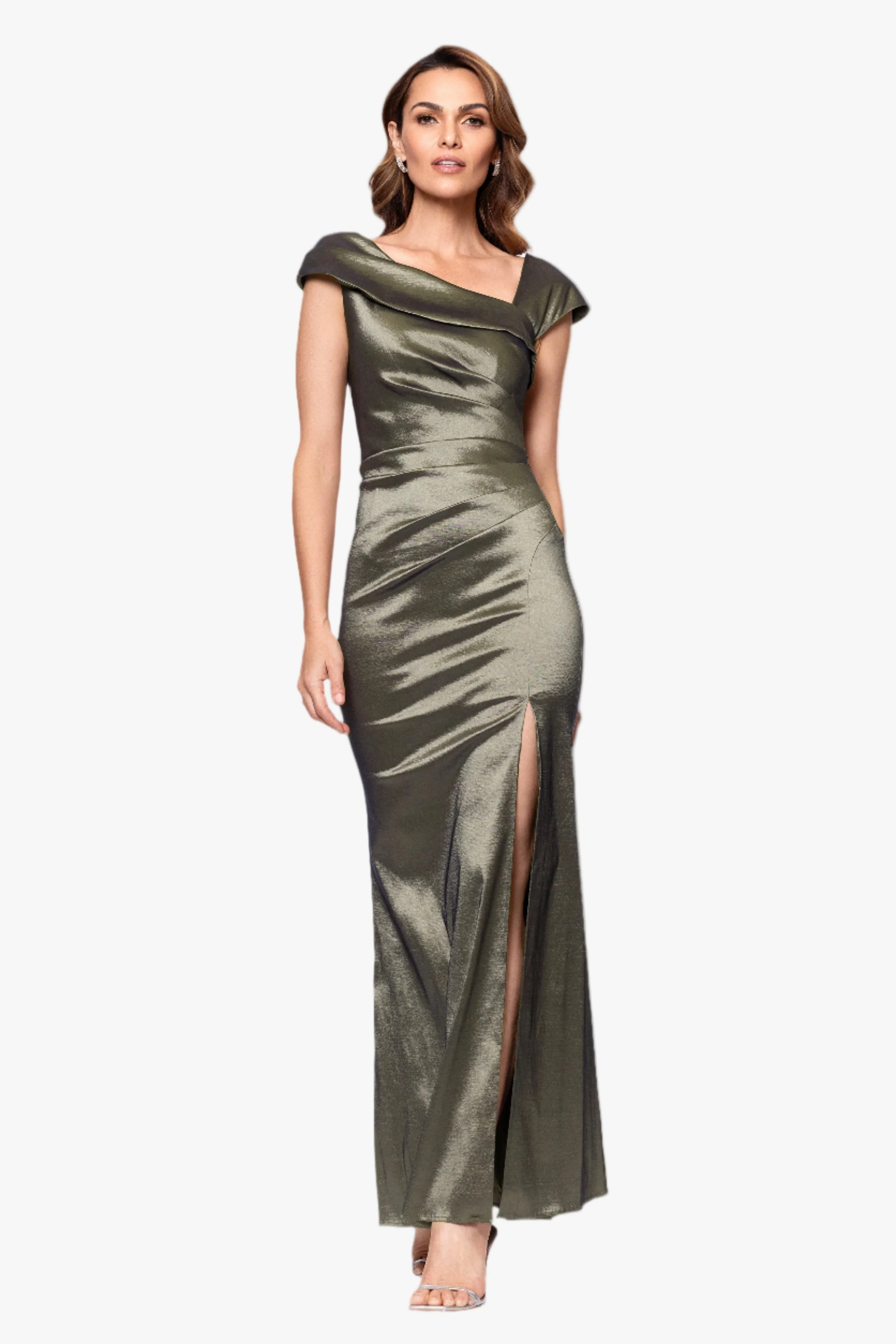 Petite "Paulina" Taffeta Short Sleeve Asymmetric Neckline Floor Length Dress - Image 5