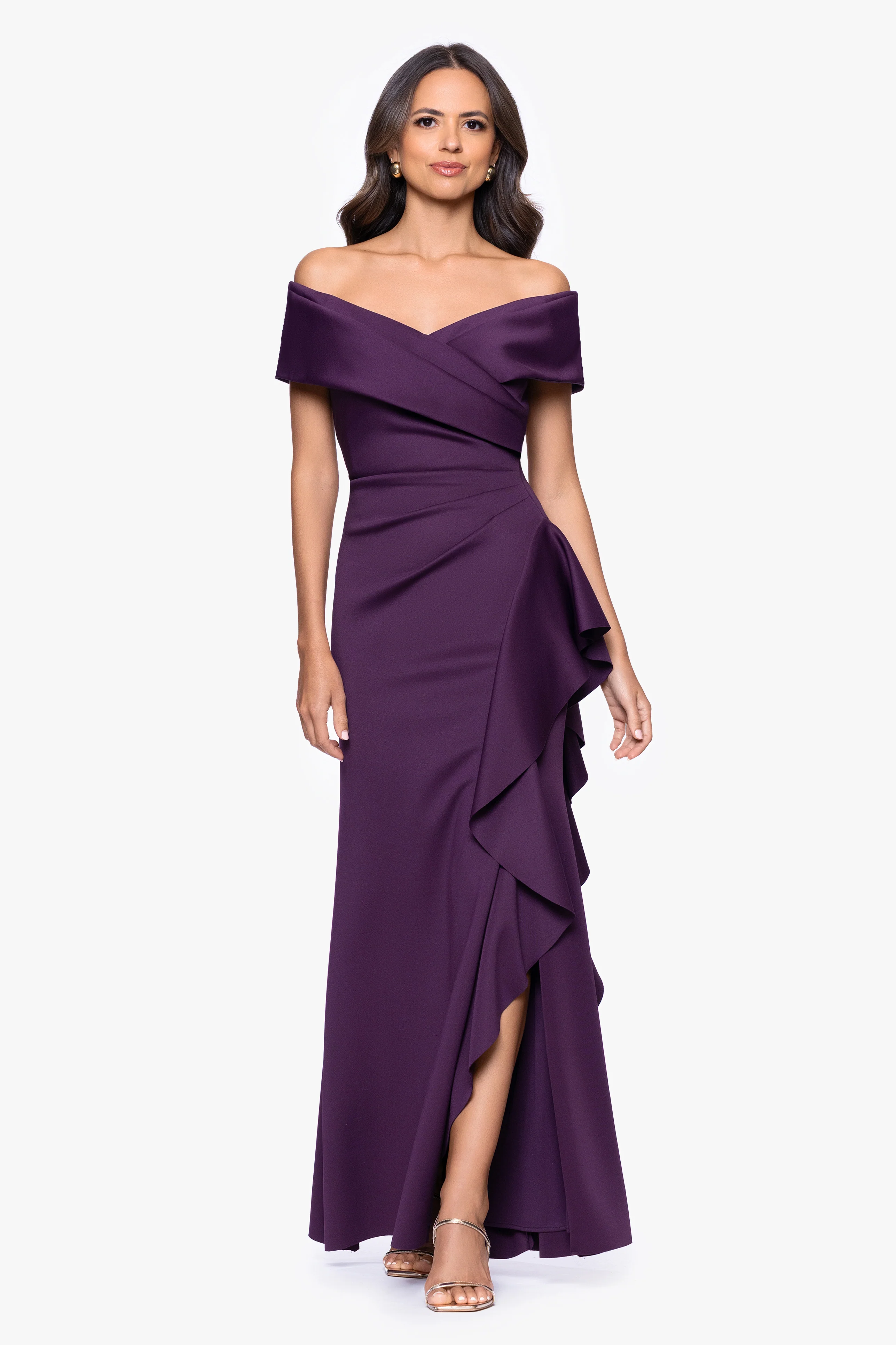 Petite "Pearl" Techno Scuba Off the Shoulder Ruffle Floor Length Dress - Image 14
