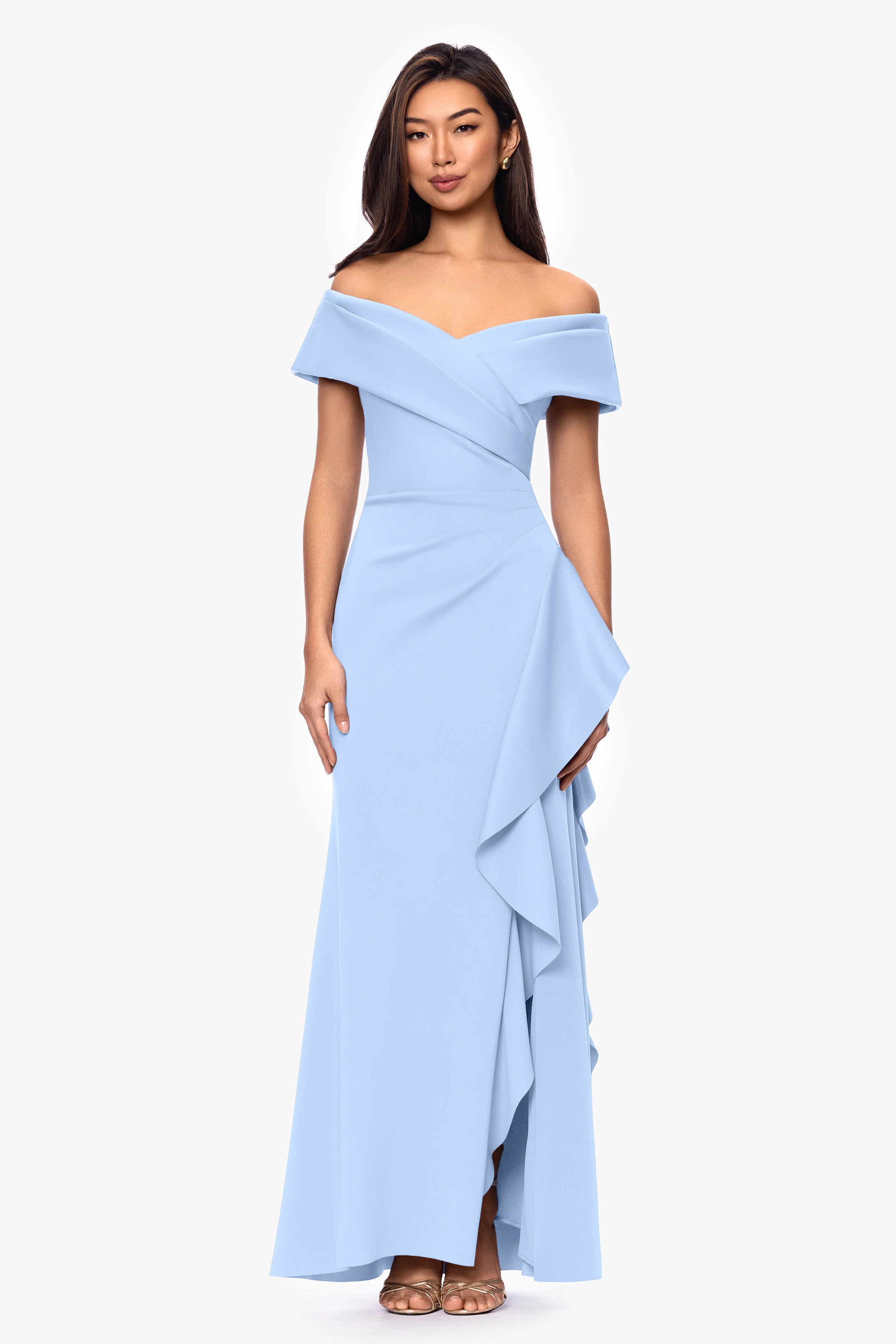 Petite "Pearl" Techno Scuba Off the Shoulder Ruffle Floor Length Dress - Image 16