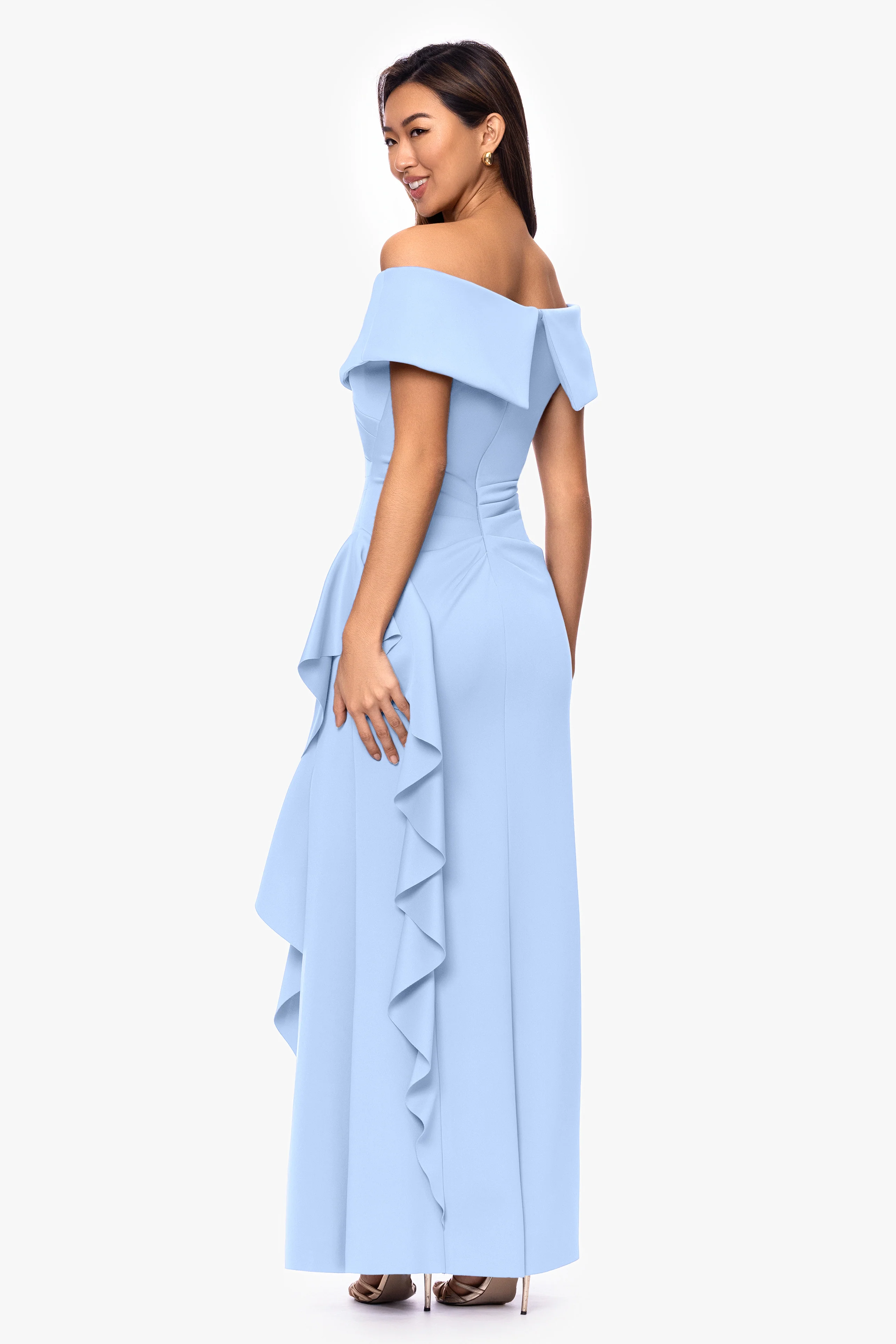 Petite "Pearl" Techno Scuba Off the Shoulder Ruffle Floor Length Dress - Image 18