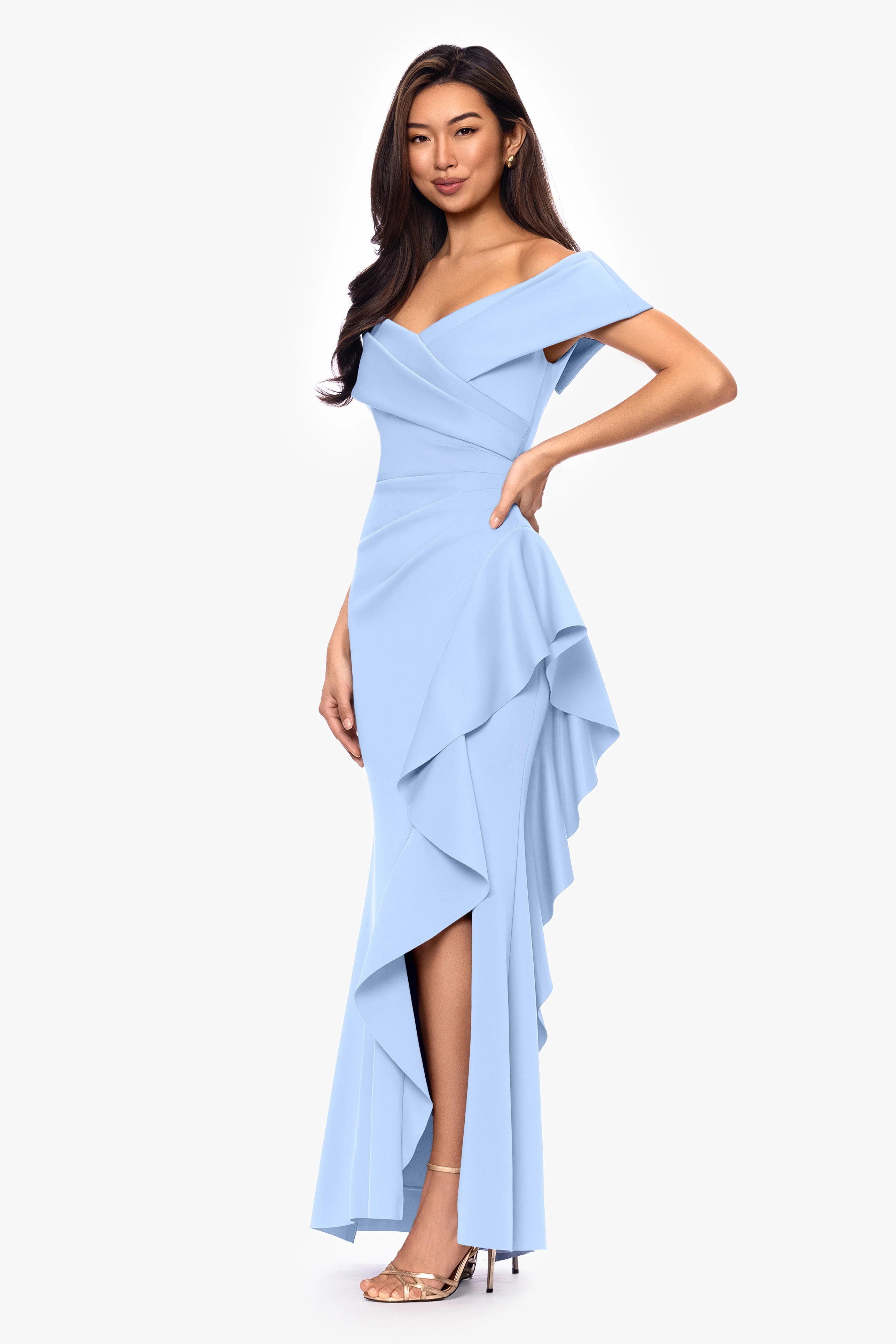Petite "Pearl" Techno Scuba Off the Shoulder Ruffle Floor Length Dress - Image 19