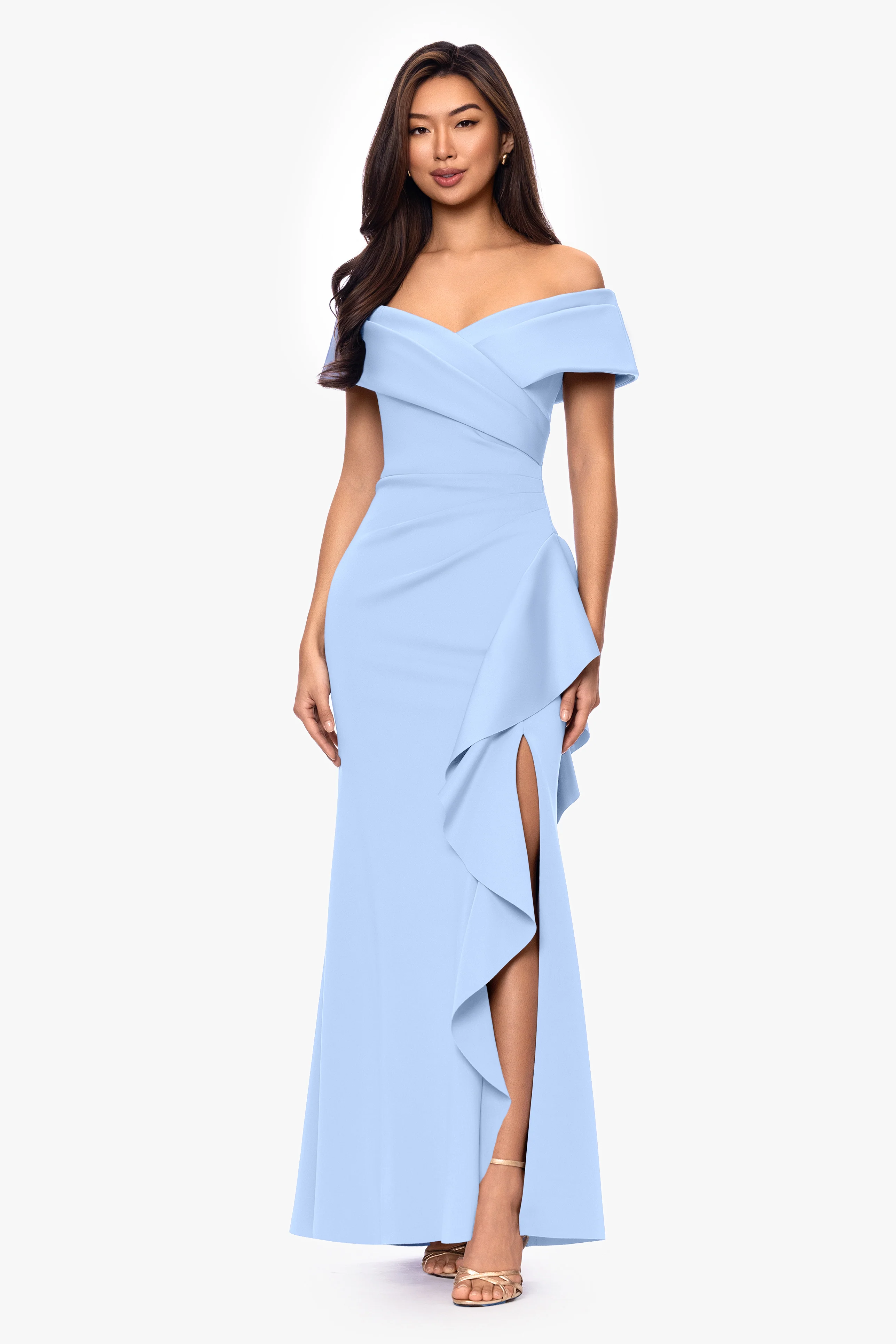 Petite "Pearl" Techno Scuba Off the Shoulder Ruffle Floor Length Dress - Image 20