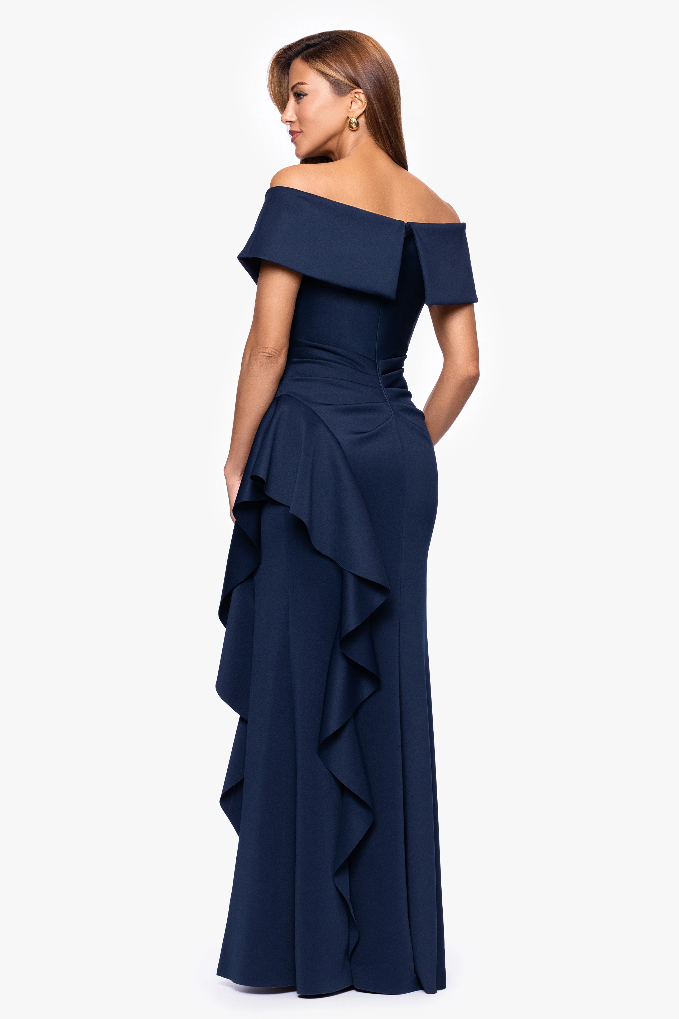 Petite "Pearl" Techno Scuba Off the Shoulder Ruffle Floor Length Dress - Image 24