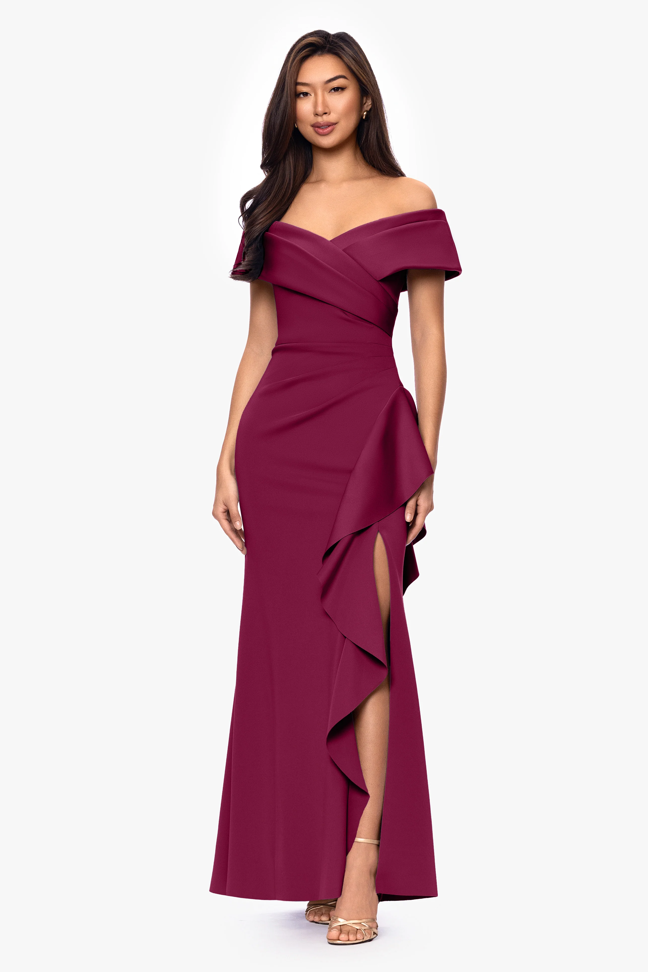 Petite "Pearl" Techno Scuba Off the Shoulder Ruffle Floor Length Dress - Image 27