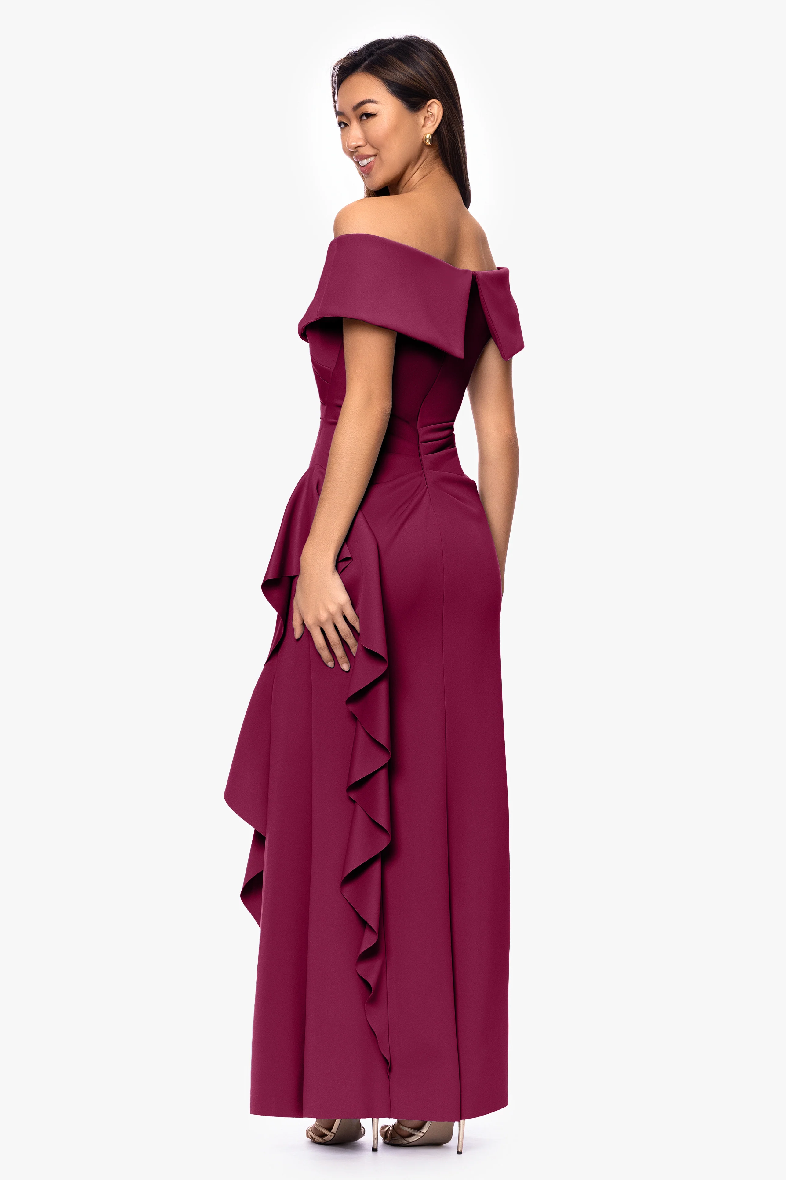 Petite "Pearl" Techno Scuba Off the Shoulder Ruffle Floor Length Dress - Image 29