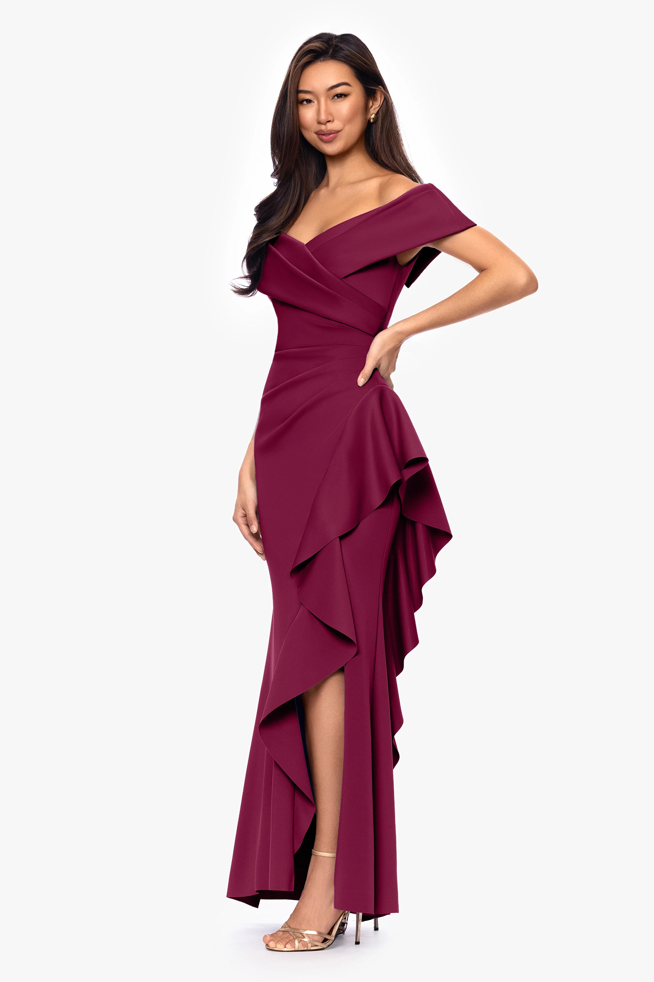 Petite "Pearl" Techno Scuba Off the Shoulder Ruffle Floor Length Dress - Image 30