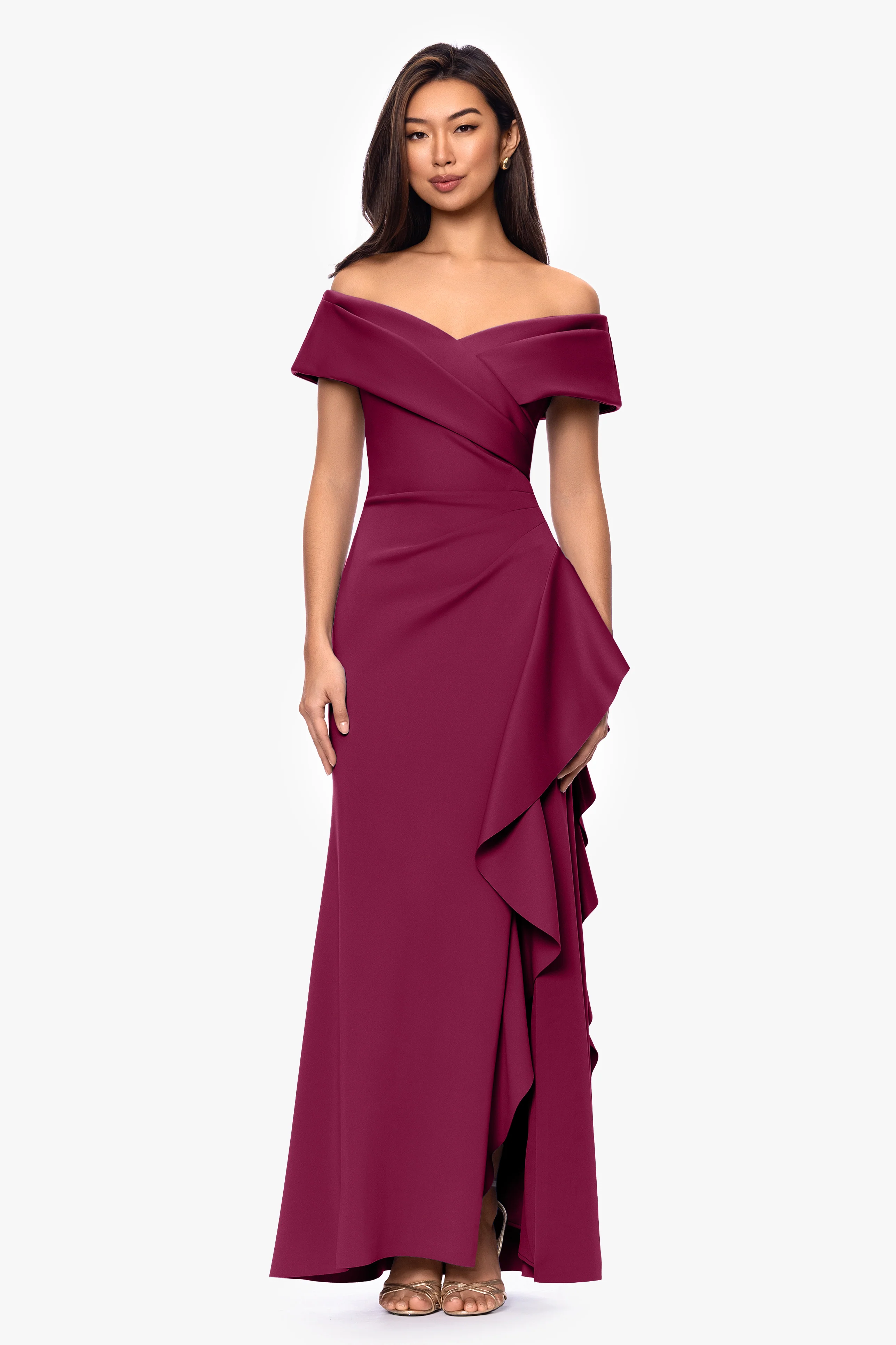 Petite "Pearl" Techno Scuba Off the Shoulder Ruffle Floor Length Dress - Image 31
