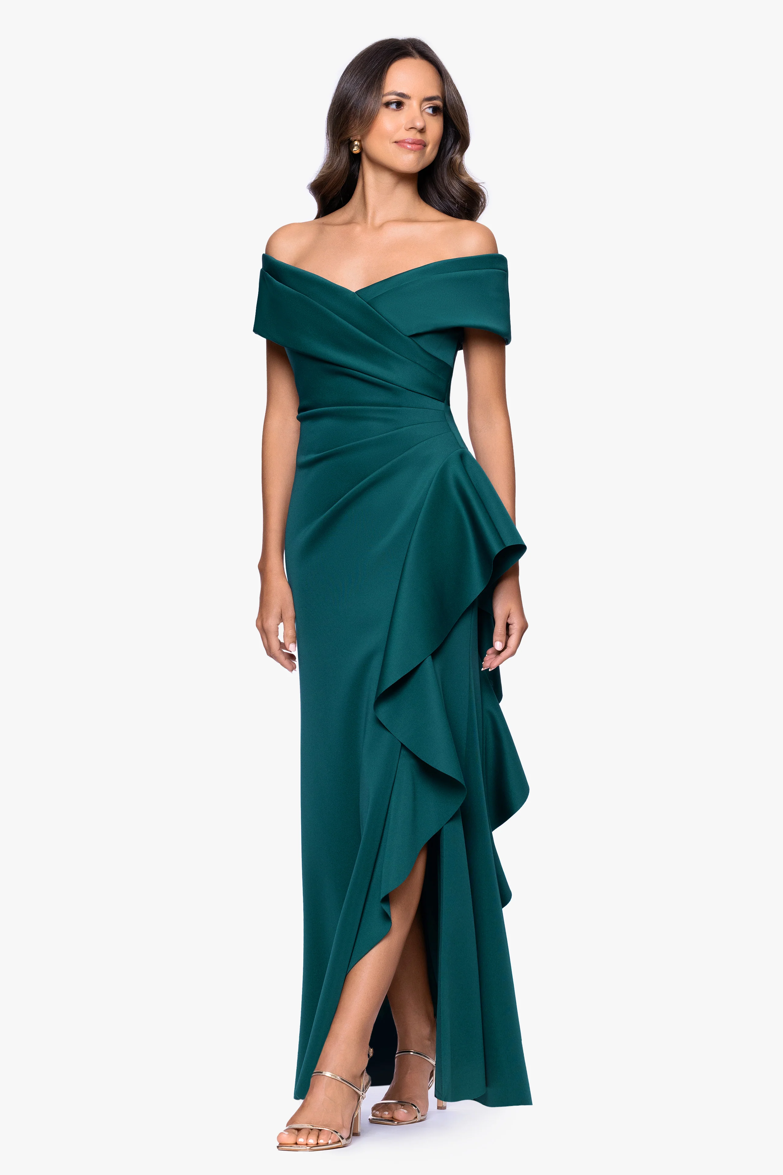 Petite "Pearl" Techno Scuba Off the Shoulder Ruffle Floor Length Dress - Image 8