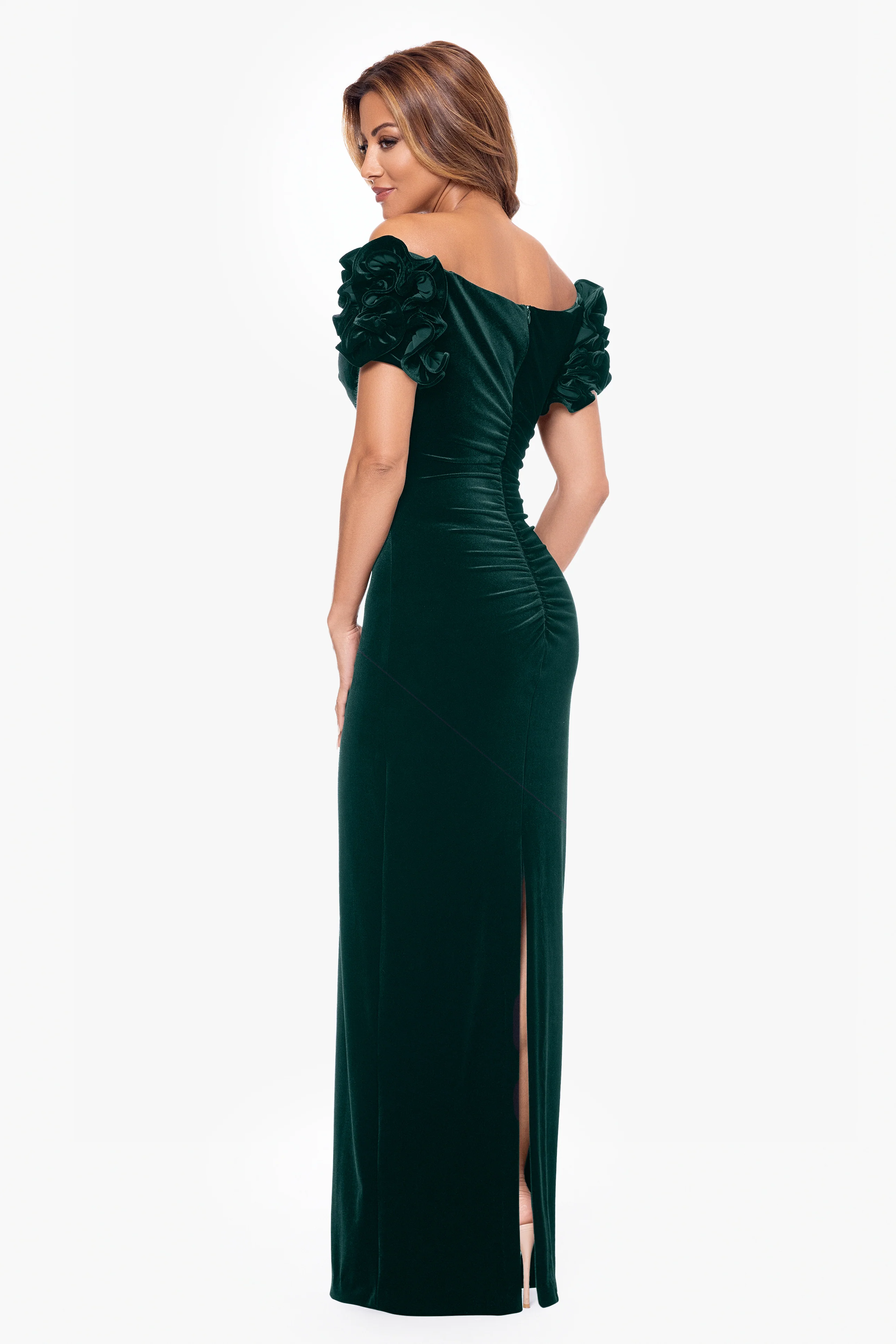 Petite "Rosie" Long Velvet Off the Shoulder Ruffle Sleeve Dress - Image 3