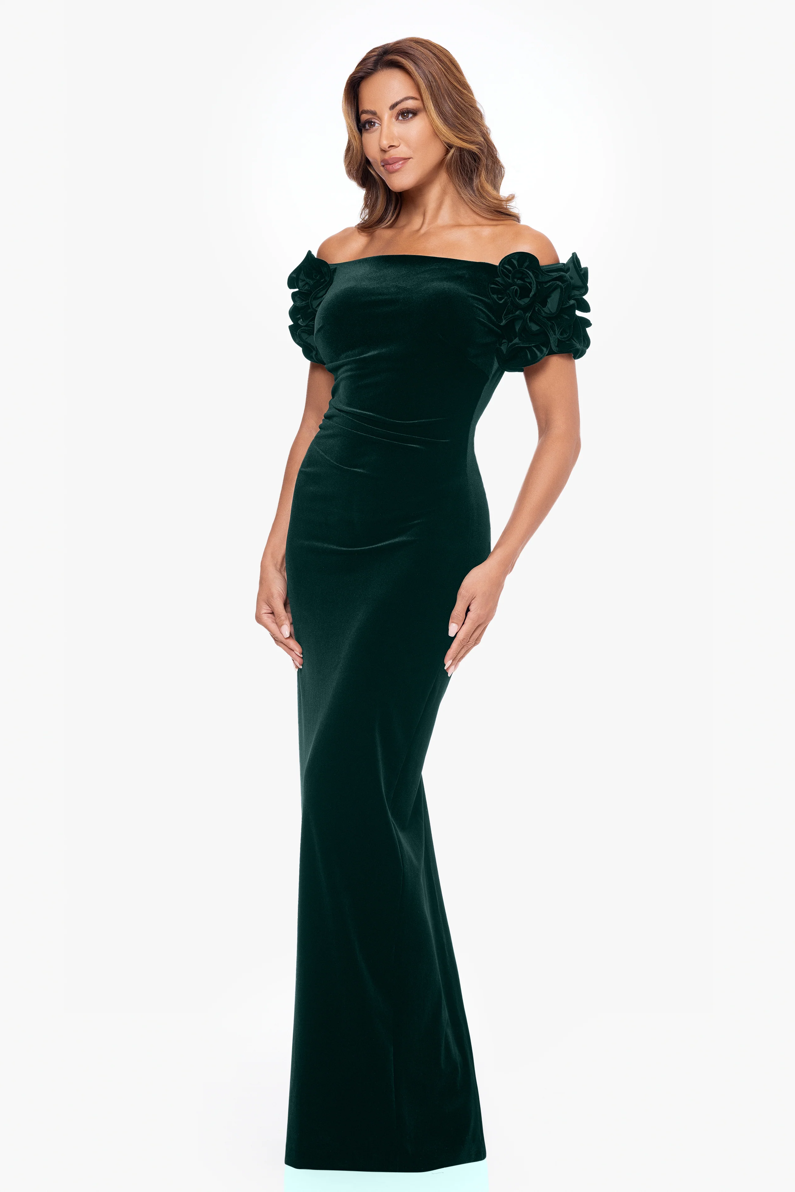 Petite "Rosie" Long Velvet Off the Shoulder Ruffle Sleeve Dress - Image 4