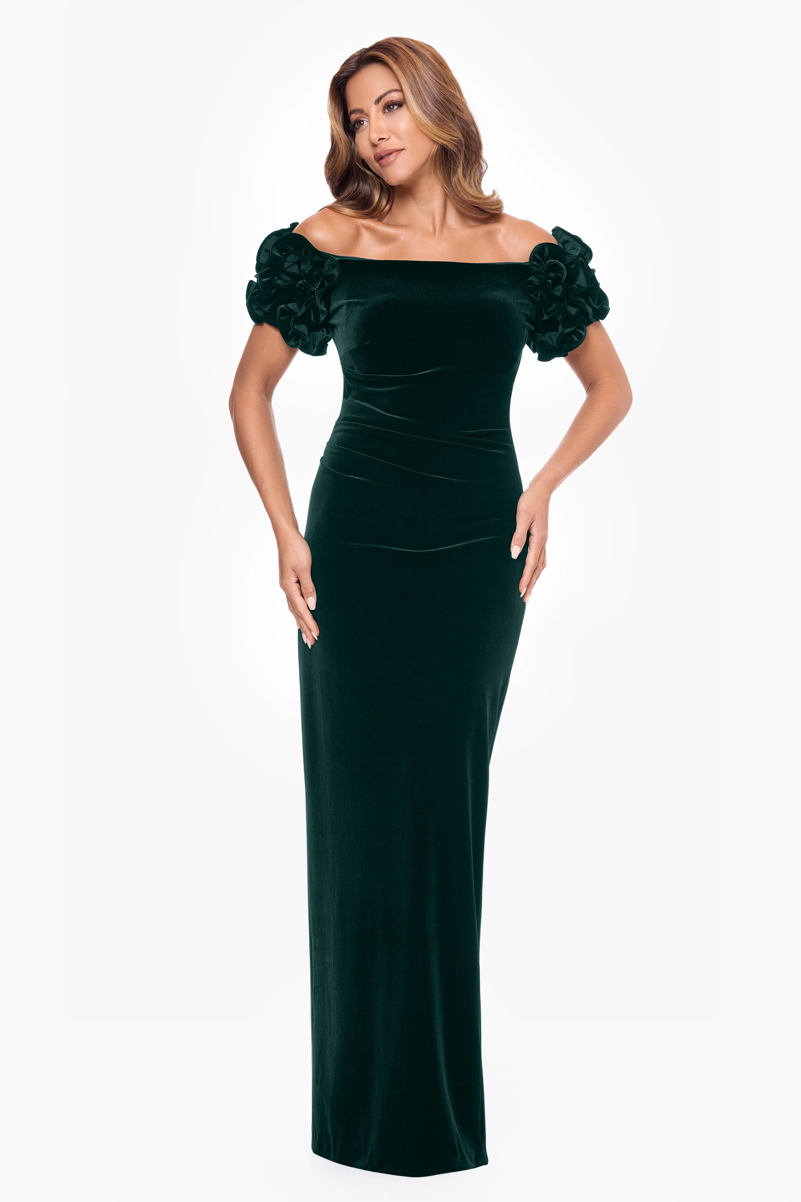 Petite "Rosie" Long Velvet Off the Shoulder Ruffle Sleeve Dress - Image 5