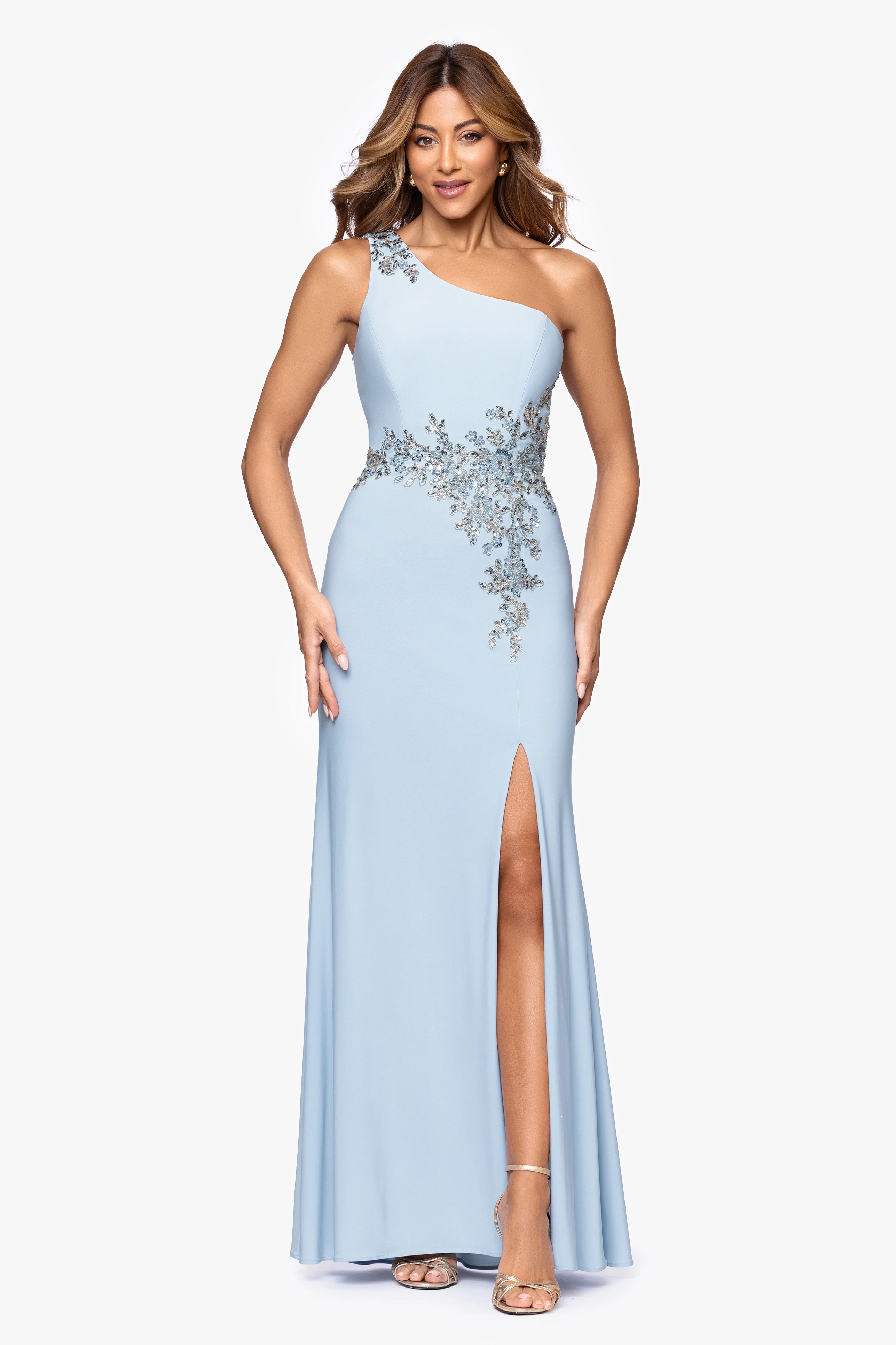 Petite "Teresa" Jersey Knit One Shoulder Applique Floor Length Dress - Image 6