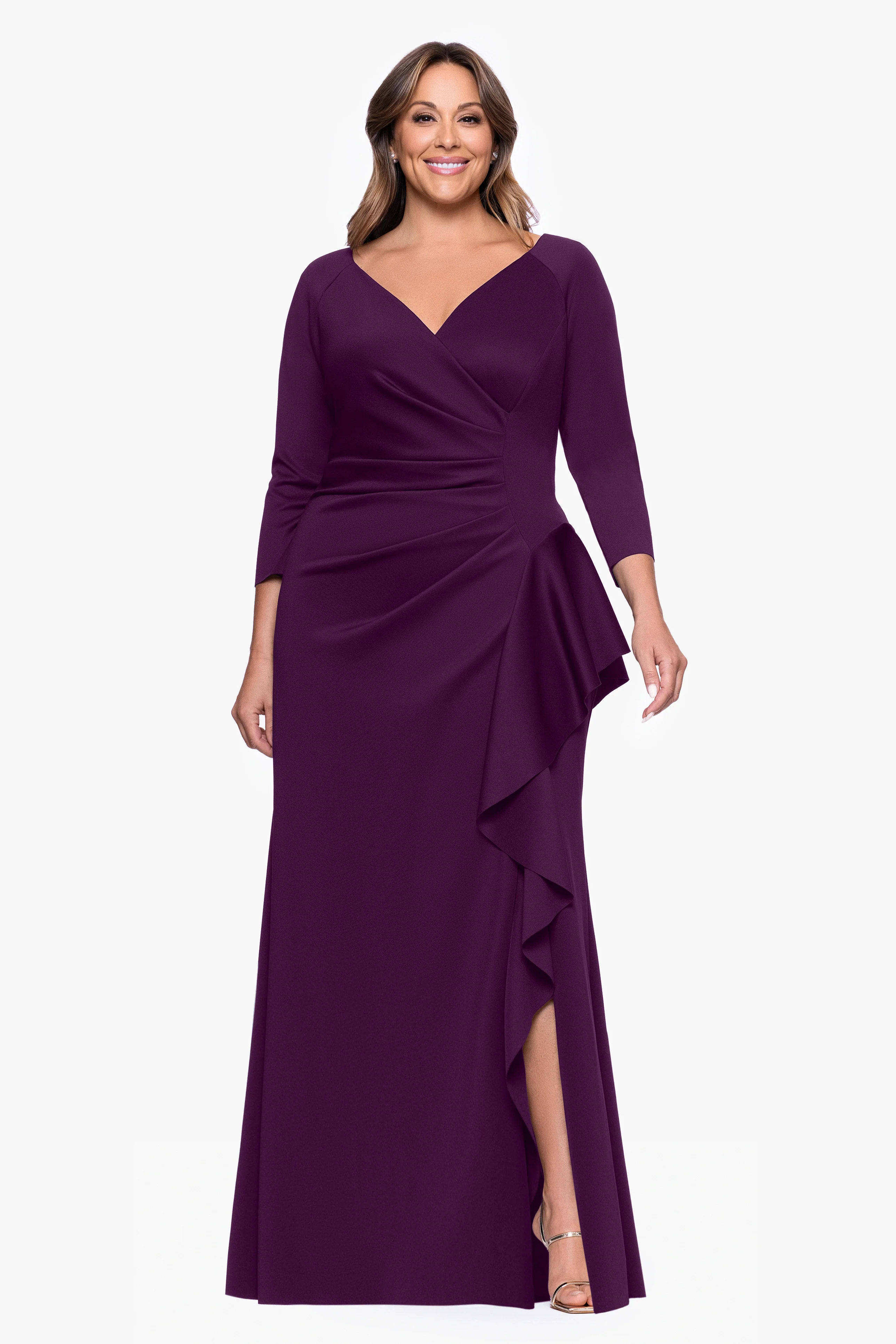 Plus "Amber" Techno Scuba 3/4 Sleeve V-Neck Ruffle Floor Length Dress - Image 11