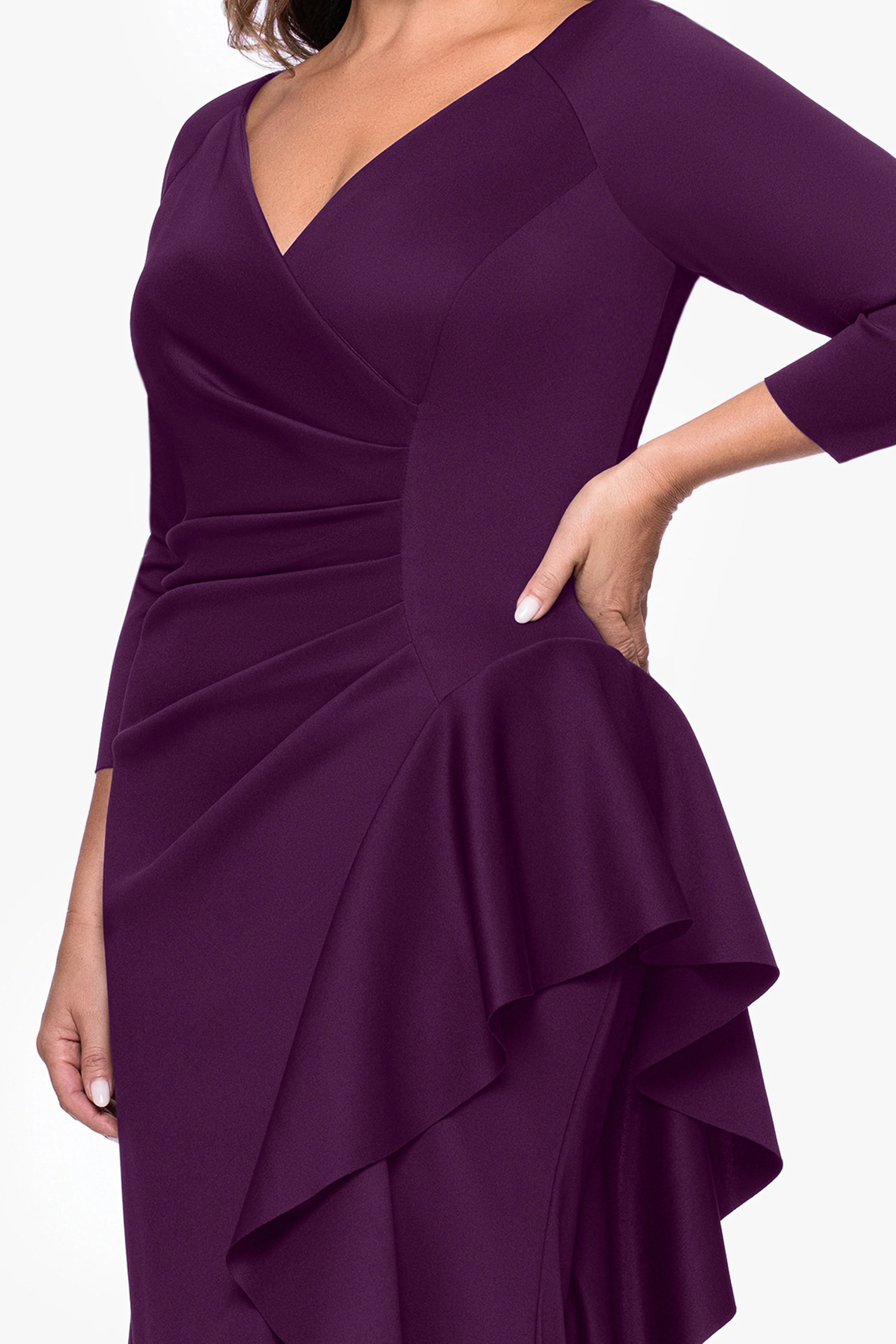 Plus "Amber" Techno Scuba 3/4 Sleeve V-Neck Ruffle Floor Length Dress - Image 12