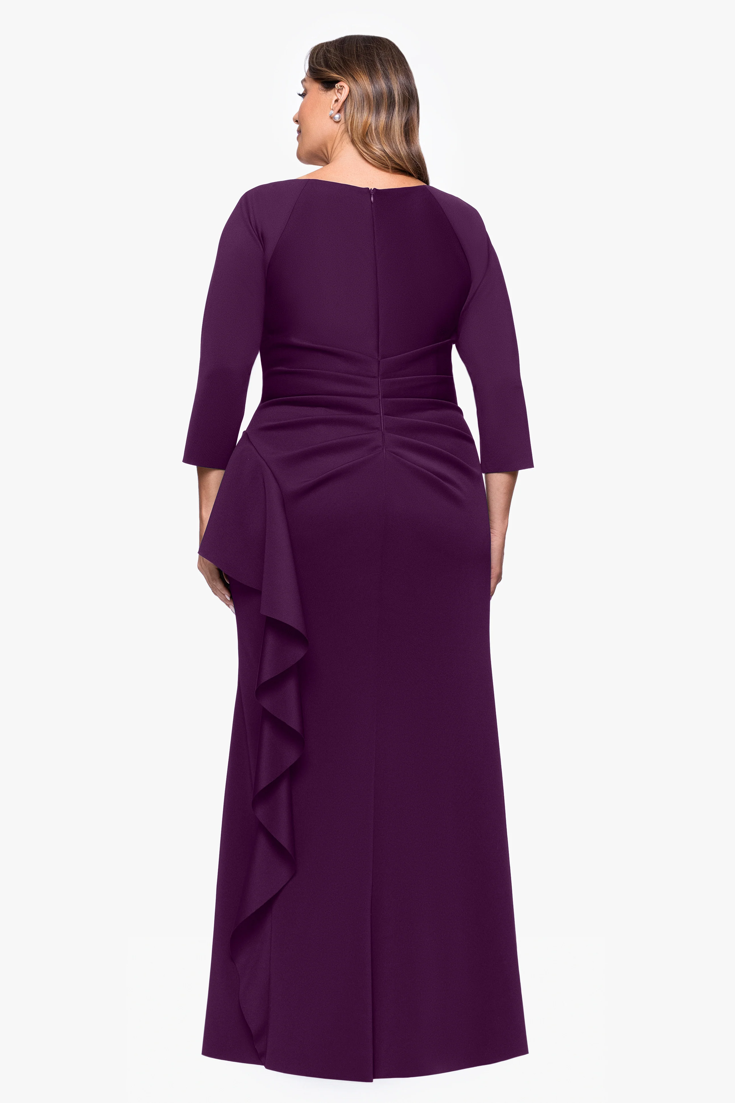 Plus "Amber" Techno Scuba 3/4 Sleeve V-Neck Ruffle Floor Length Dress - Image 13
