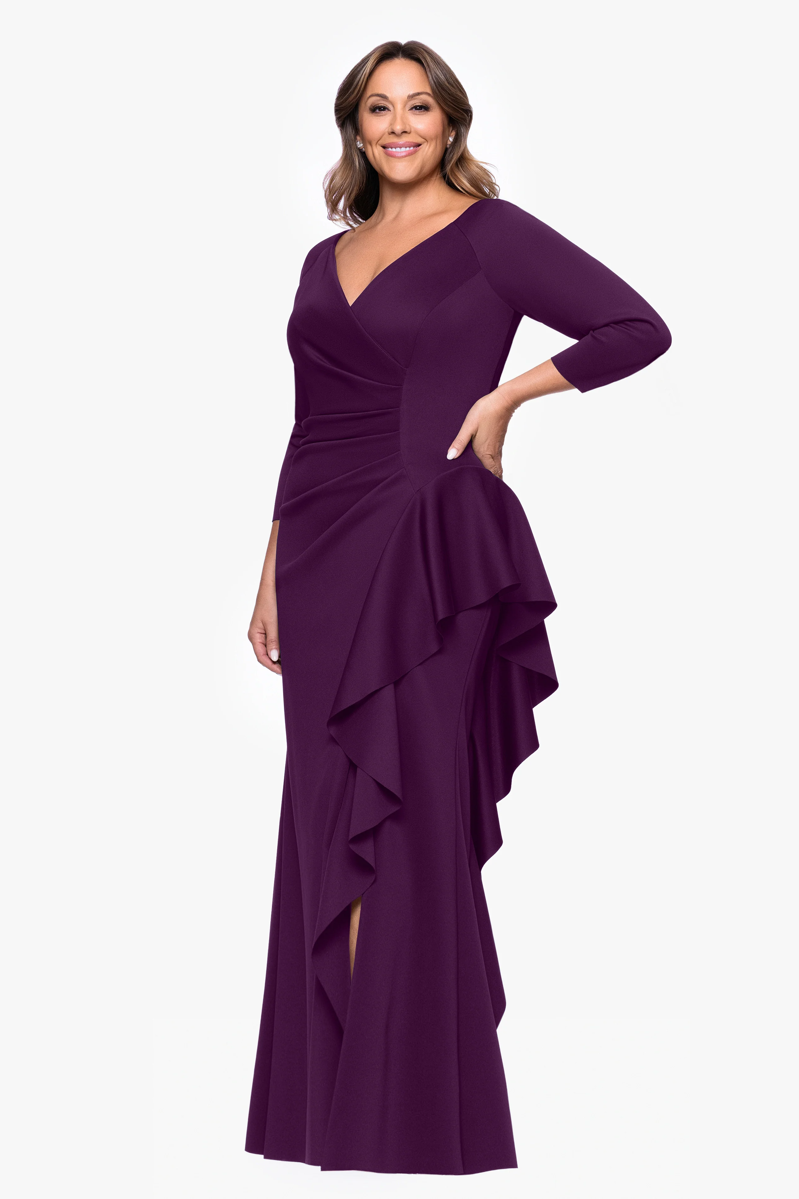 Plus "Amber" Techno Scuba 3/4 Sleeve V-Neck Ruffle Floor Length Dress - Image 14