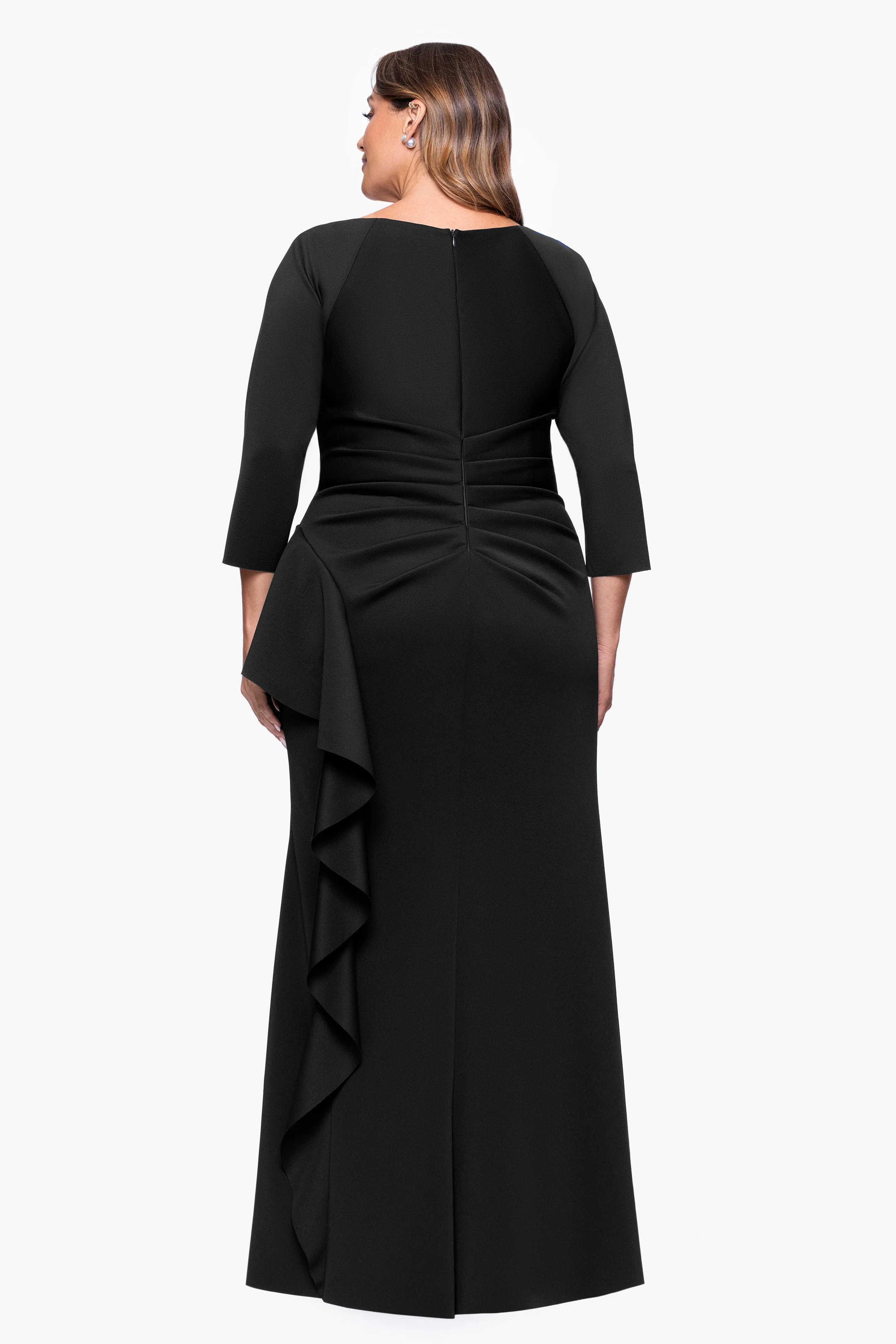 Plus "Amber" Techno Scuba 3/4 Sleeve V-Neck Ruffle Floor Length Dress - Image 3