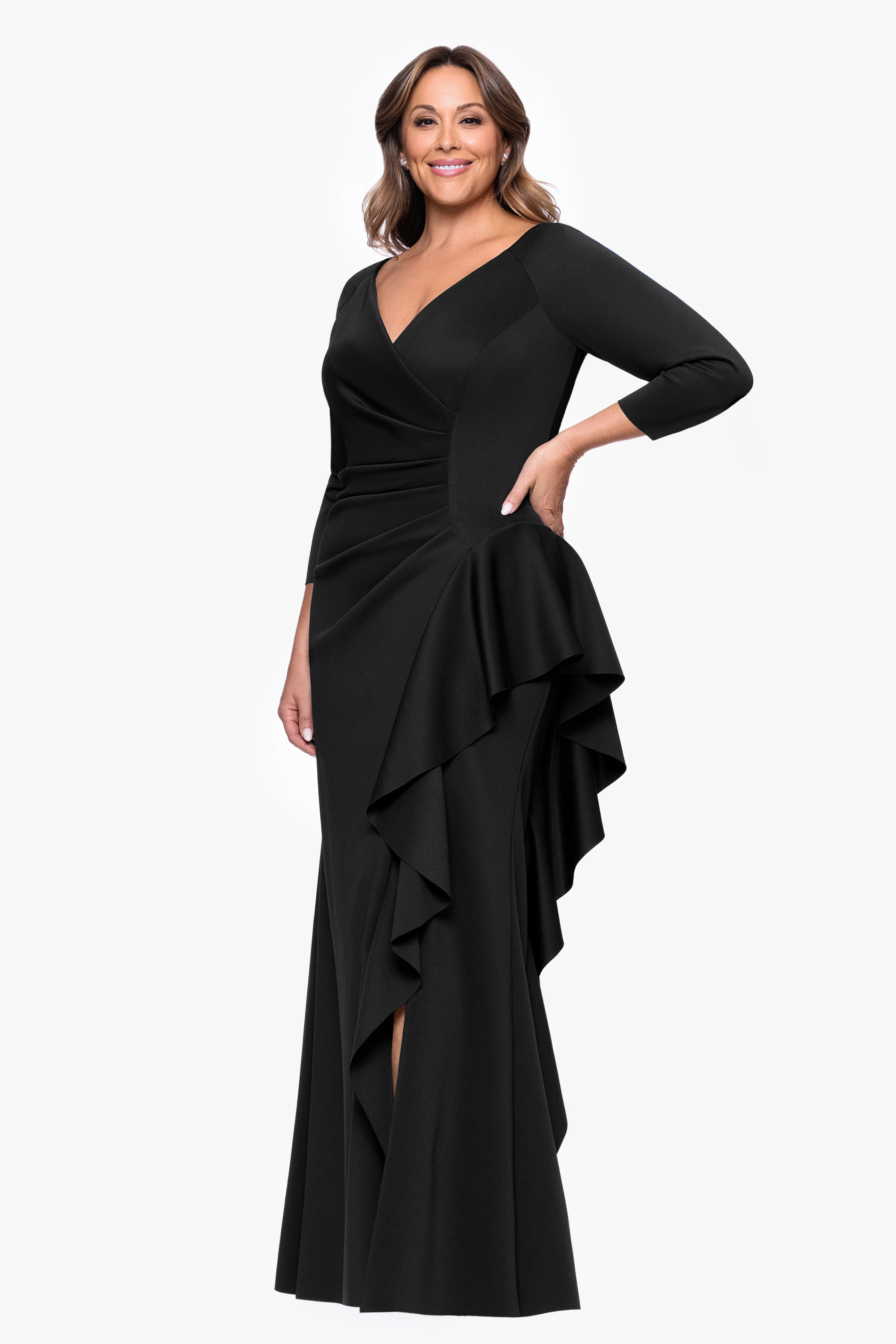 Plus "Amber" Techno Scuba 3/4 Sleeve V-Neck Ruffle Floor Length Dress - Image 4