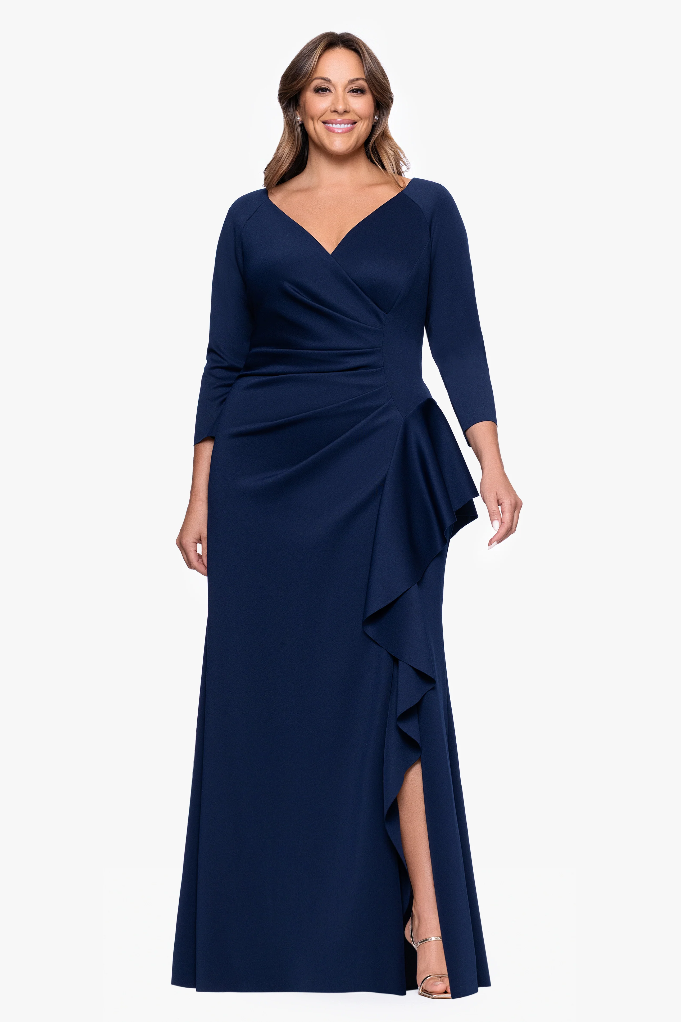 Plus "Amber" Techno Scuba 3/4 Sleeve V-Neck Ruffle Floor Length Dress - Image 6